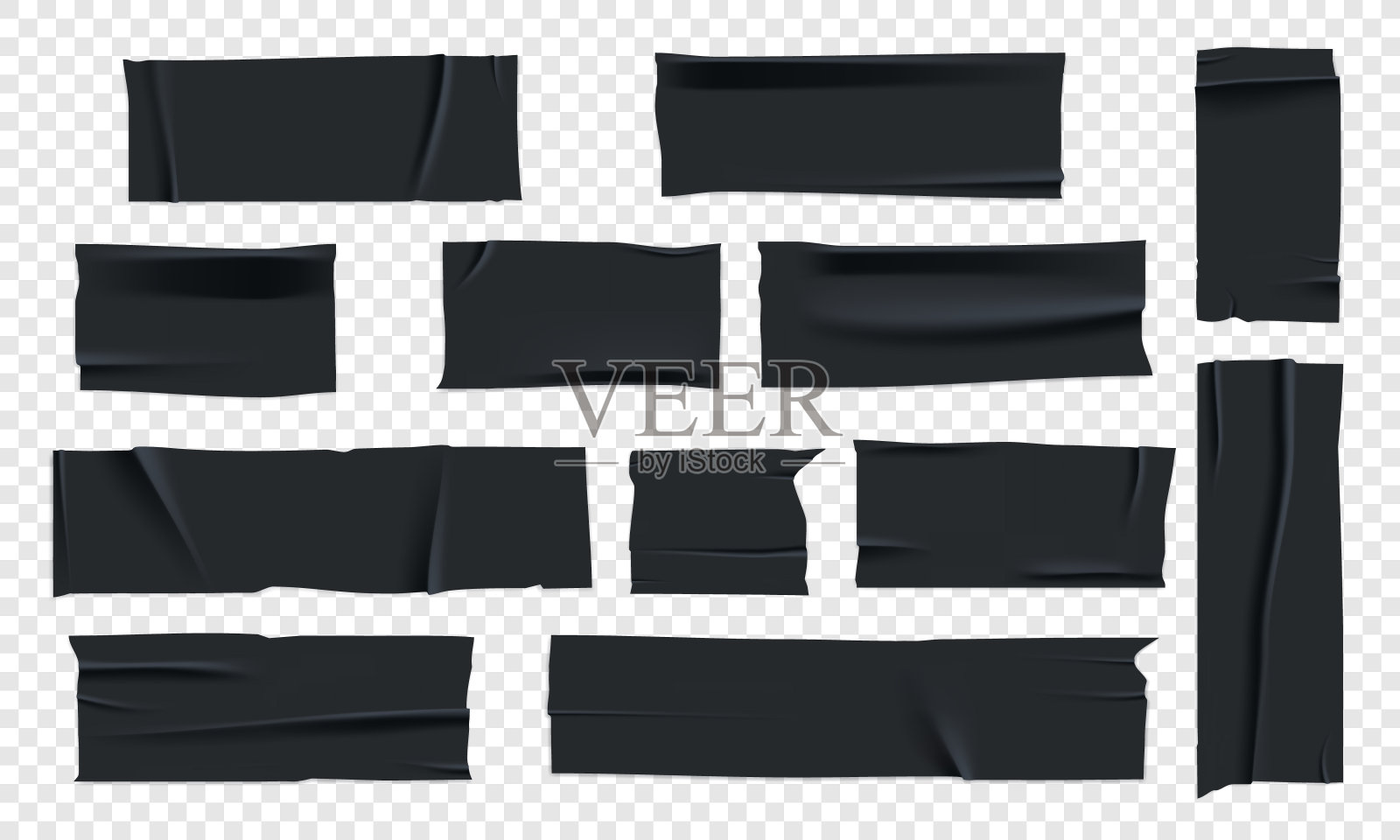 矢量集三维现实的黑色胶带。透明背景上被隔离的胶带碎片。PNG管道胶带。插画图片素材