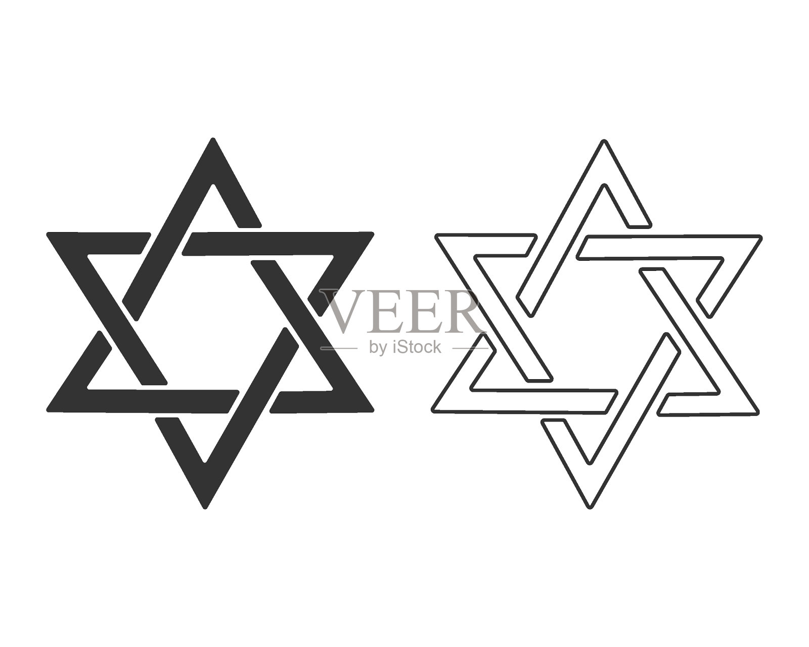 大卫之星黑色标志线条图标：犹太教象征，以色列国旗的中心符号，六角星图案剪影插画图片素材
