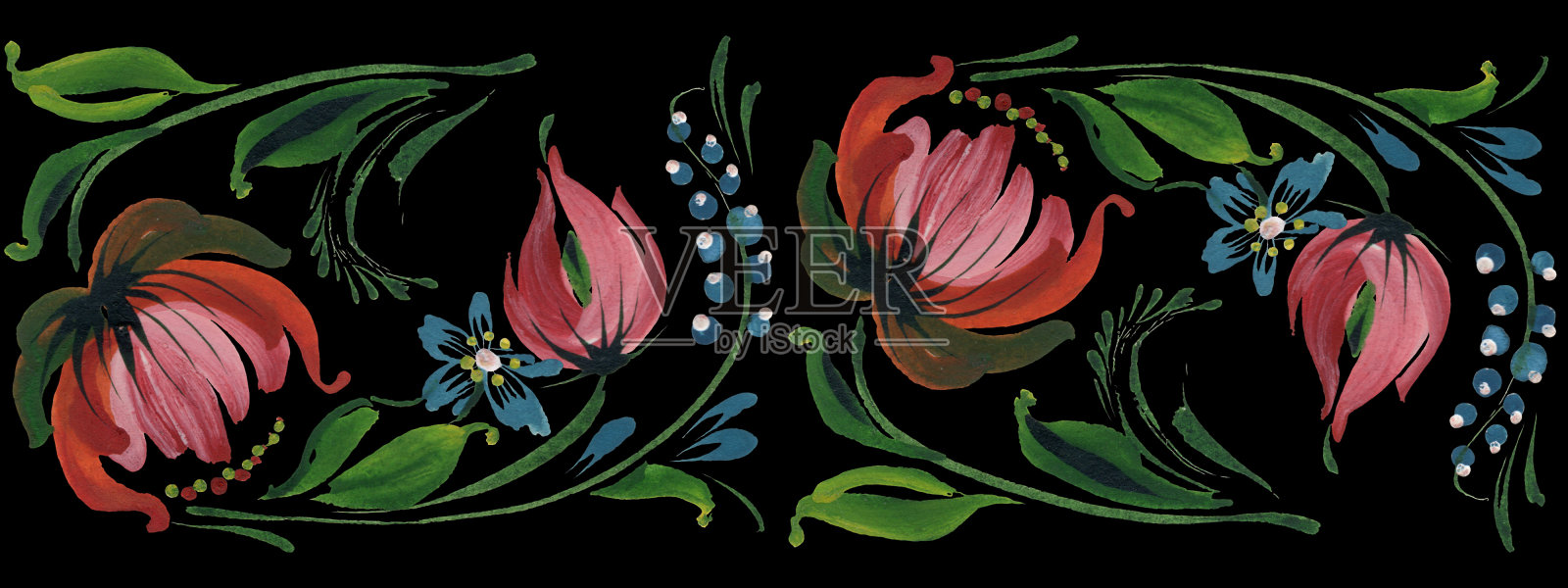 花卉无缝边框图案从牡丹花，长春花和绿叶在一个黑色的背景。彼得里基夫卡传统绘画插画图片素材