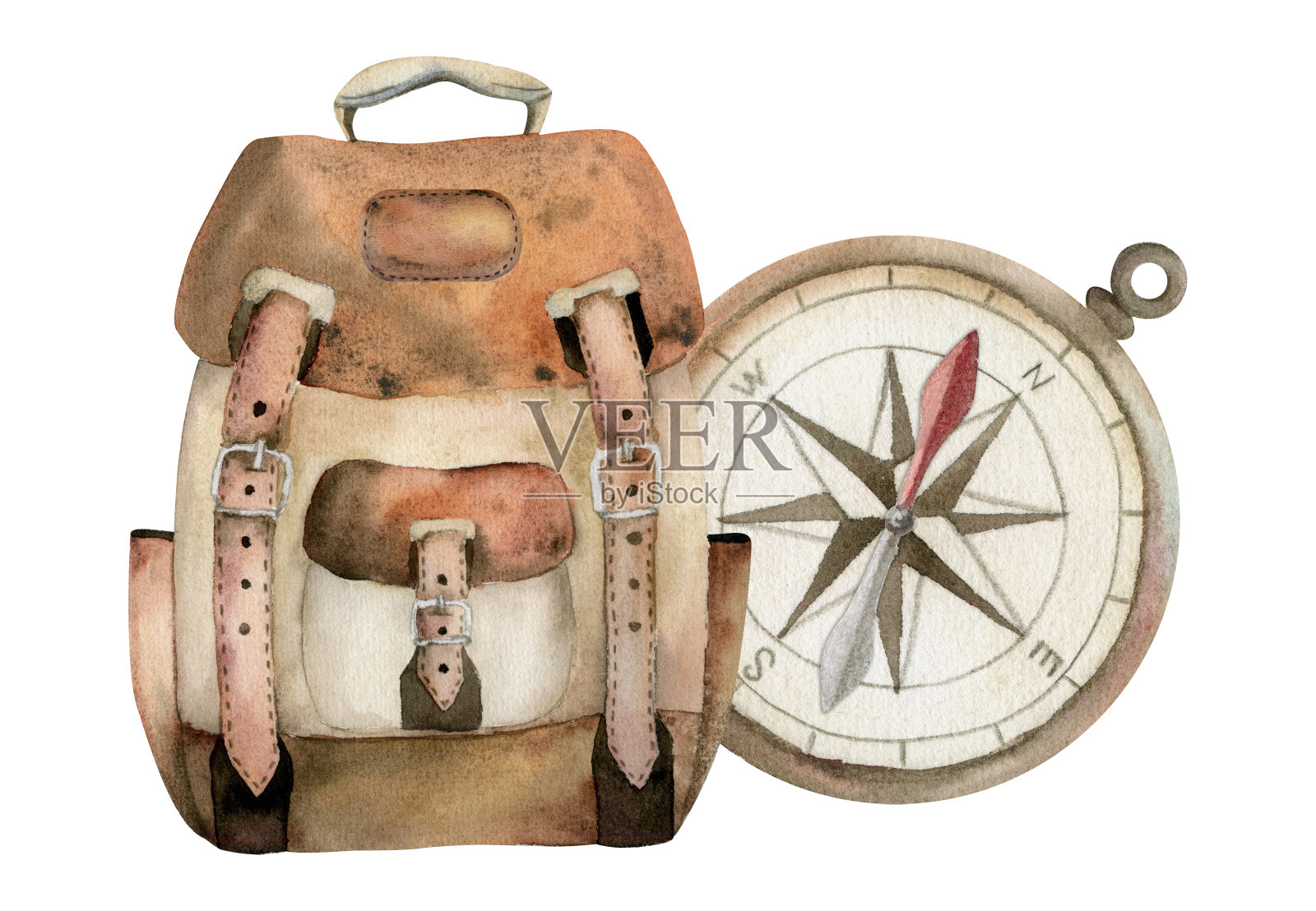 旅游配件，复古皮背包，帆布背包，旅行导航指南针，风玫瑰。水彩手绘艺术。设计旅游、旅游、宣传册、婚庆、导游、印刷品、名片纹身。插画图片素材
