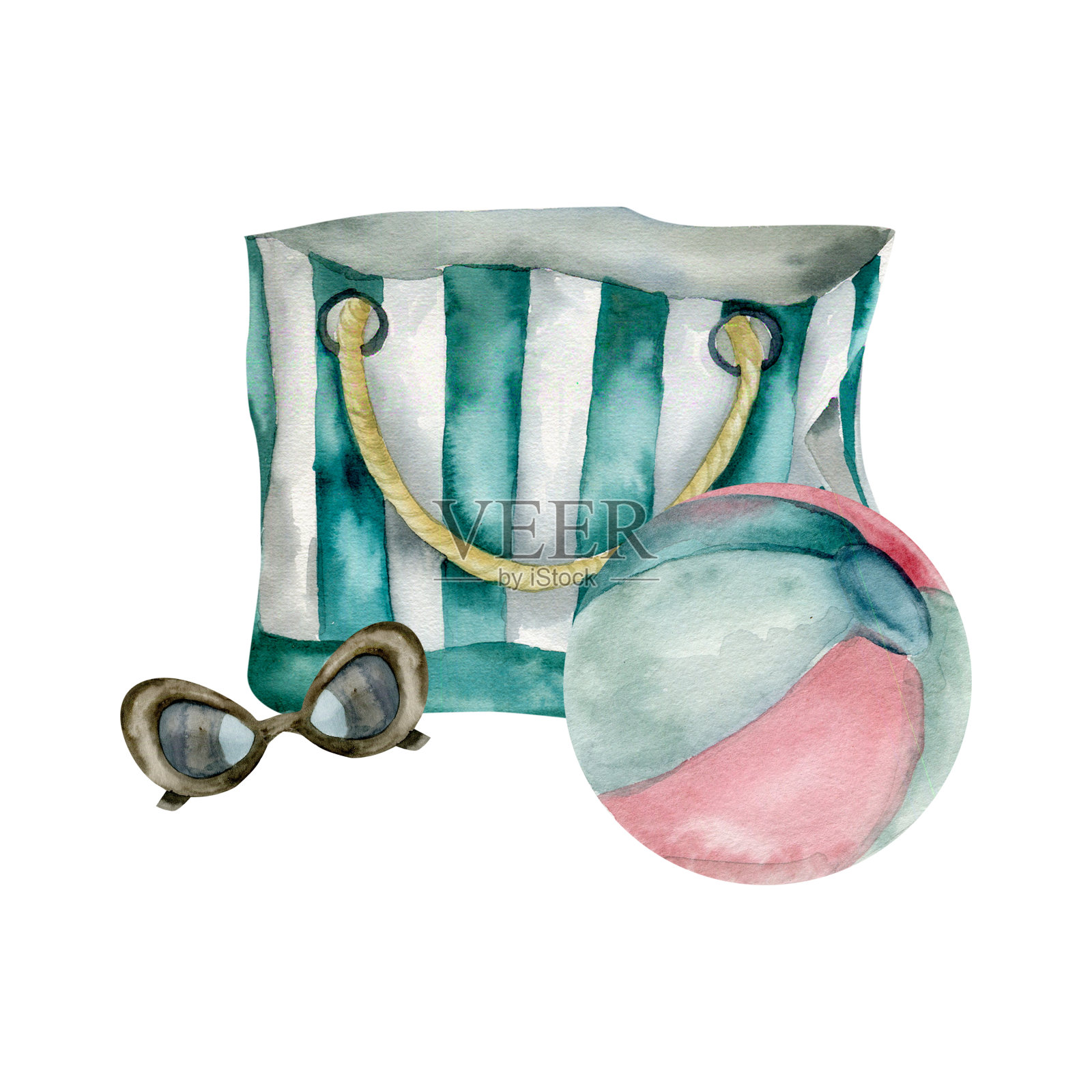 夏季妇女条纹沙滩包黑色太阳镜和彩色复古球水彩插图。手绘热假期构图，热带海洋休息。海报、旅行社卡、邀请函插画图片素材