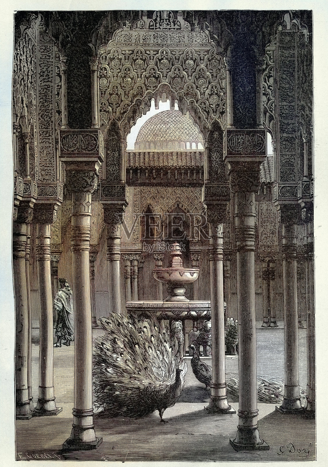 摩尔式建筑，Patio De Los Leones, Court of Lion，阿尔罕布拉，格拉纳达，西班牙历史插画图片素材