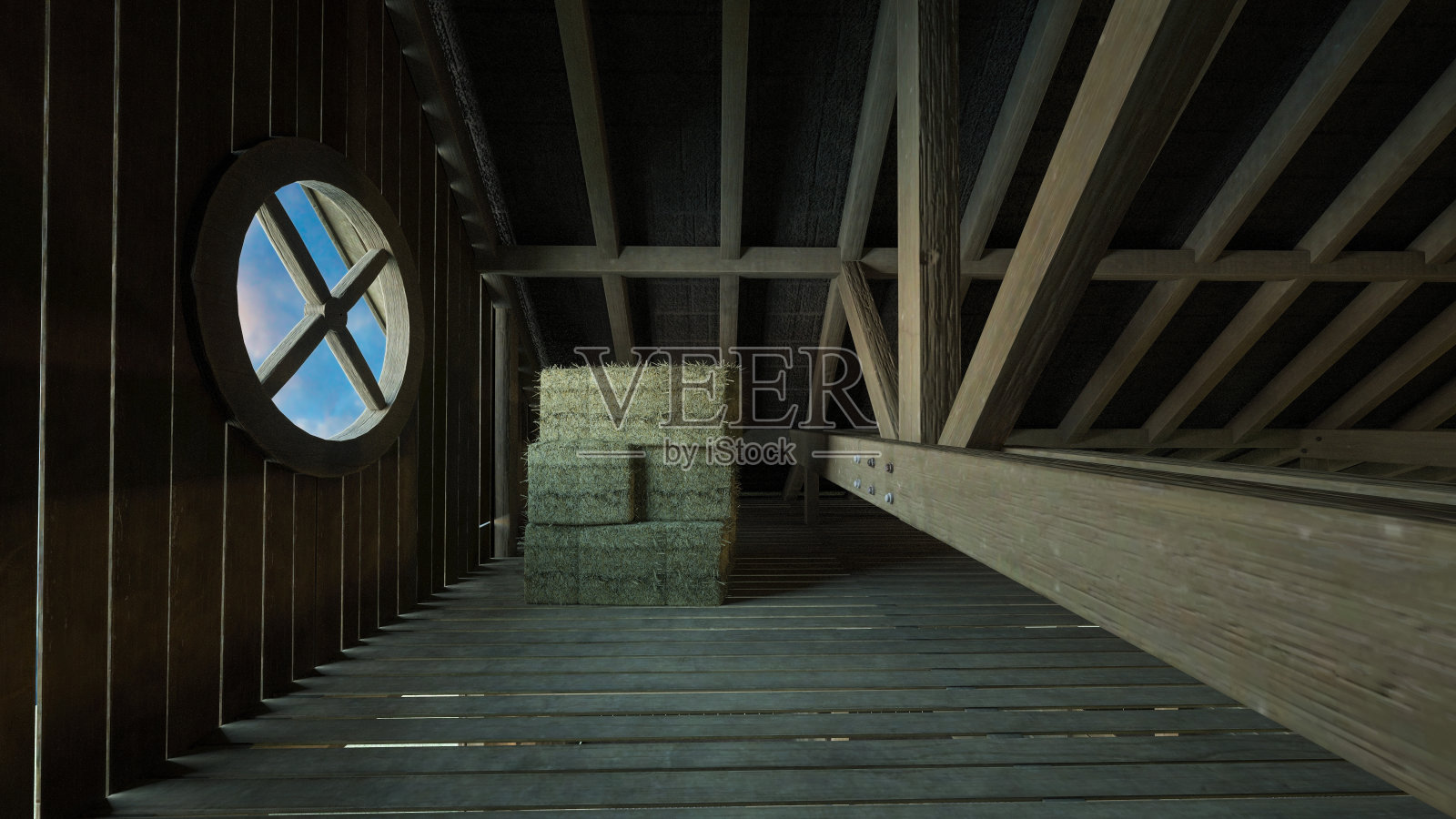 质朴的木制谷仓或马厩内部，一捆捆干草，窗外蓝天。3 d渲染。照片摄影图片