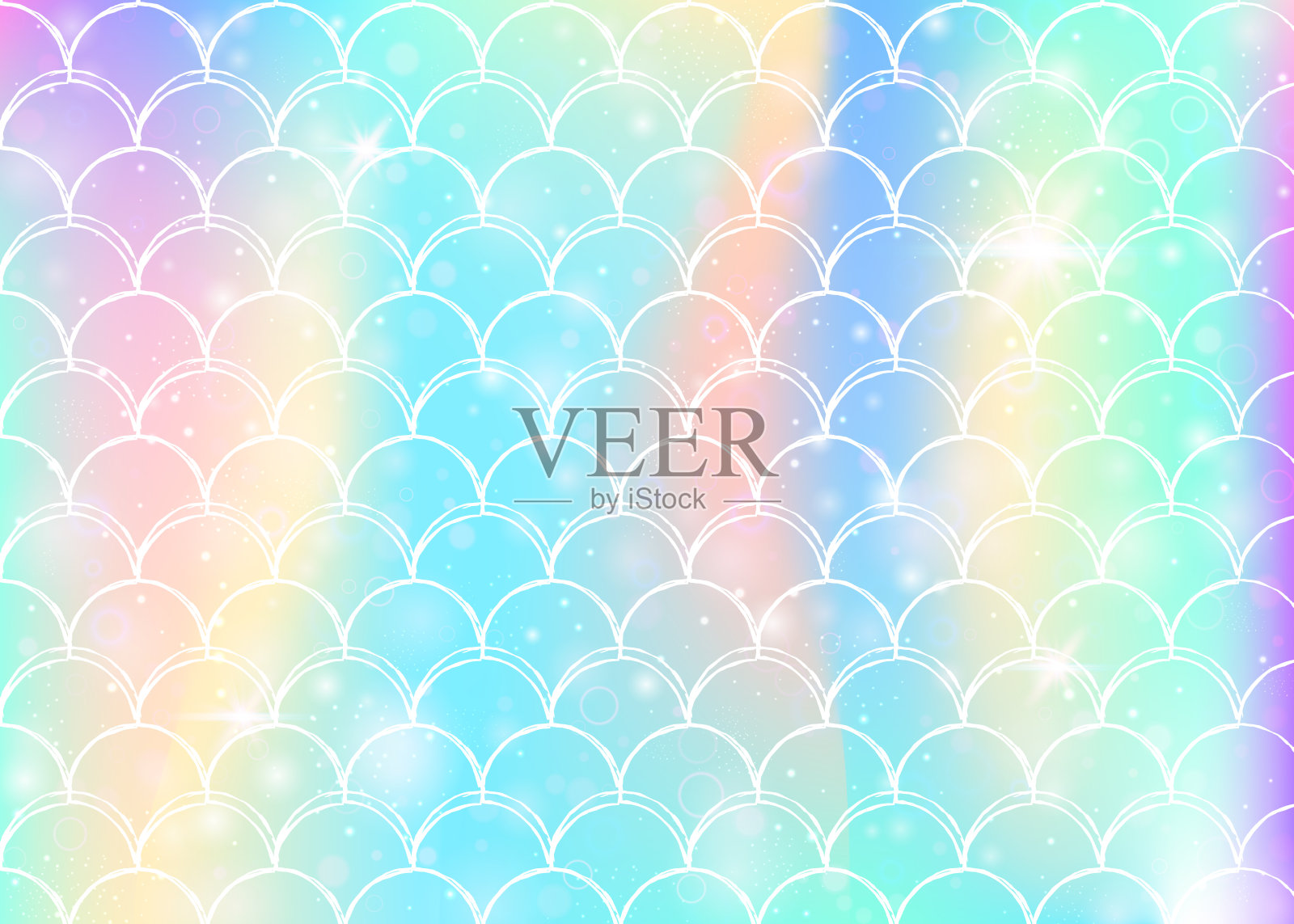 彩虹鳞片背景与卡哇伊美人鱼公主图案。插画图片素材