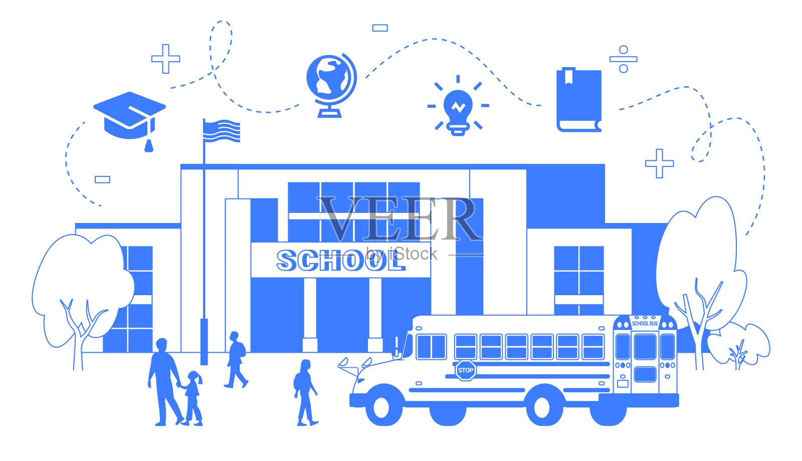 矢量插图的学校建筑，公共汽车和儿童，一色线艺术教育信息图概念。插画图片素材