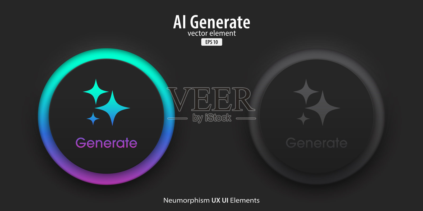 生成式AI按钮：一组启用和停用的黑色按钮，带生成AI符号。人工智能学习技术概念，新拟态风格，UI UX设计，矢量图。插画图片素材