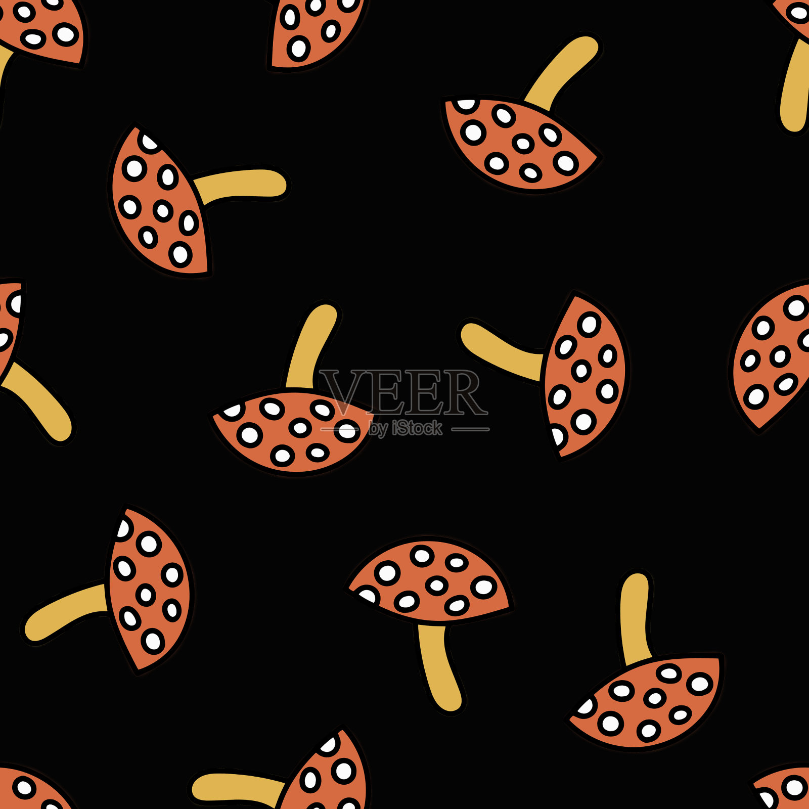 蘑菇飞木耳无缝图案。白色斑点的红色蘑菇。有毒蘑菇重复背景。插画图片素材