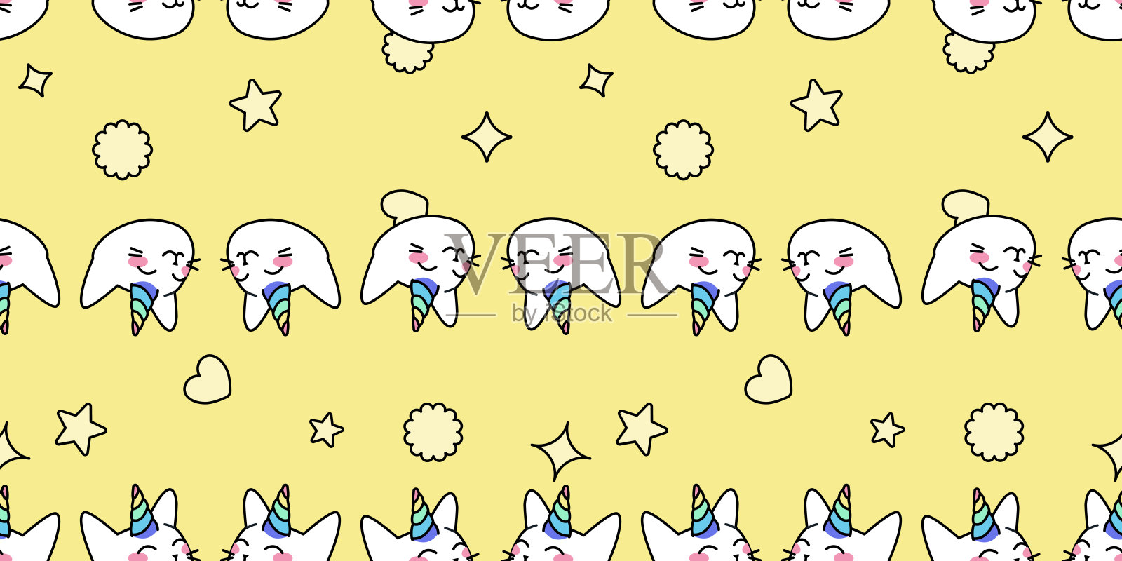 独角兽猫无缝矢量图案。可爱的动物头与彩虹角，星星和心的背景。卡通风格的神奇小猫人物。插画图片素材