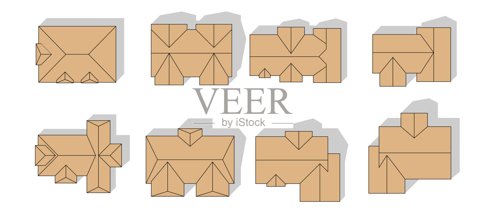 一组建筑物和房屋俯视图。孤立元素设计的城市，城镇，村庄，乡村规划。从上面看屋顶。对象的映射平面样式。俯视图设计。矢量图插画图片素材