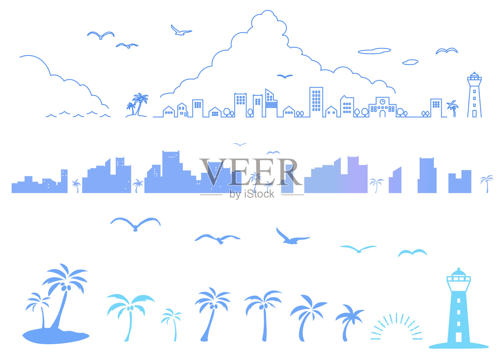 一套夏季海滨城市景观剪影插图插画图片素材