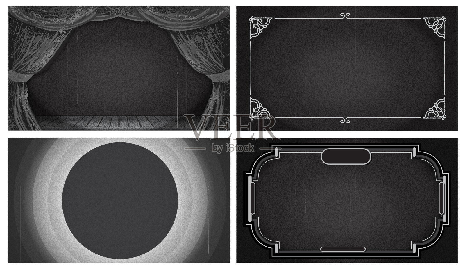一套黑白复古的无声电影标题屏幕背景设计与舞台窗帘和不同的帧4k宽高比插画图片素材