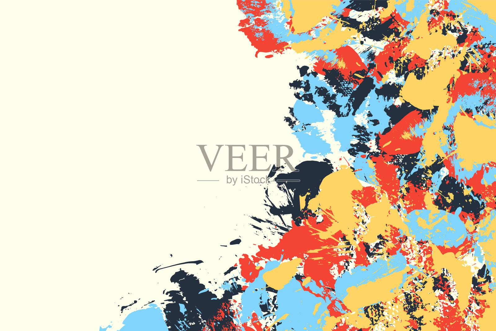 彩色的垃圾背景。蓝色，黄色和红色的笔触和墨水滴背景插画图片素材