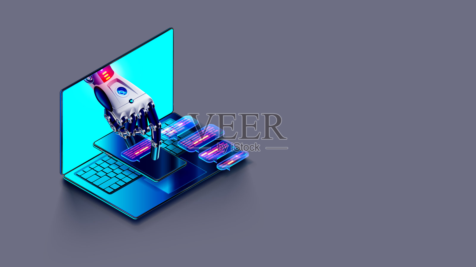 人工智能聊天机器人在图像机器人或半机械人手里拿着信息气泡。在线人工智能聊天机器人通过信使与用户交谈。技术支持机器人，人工智能或AI的互联网协助插画图片素材