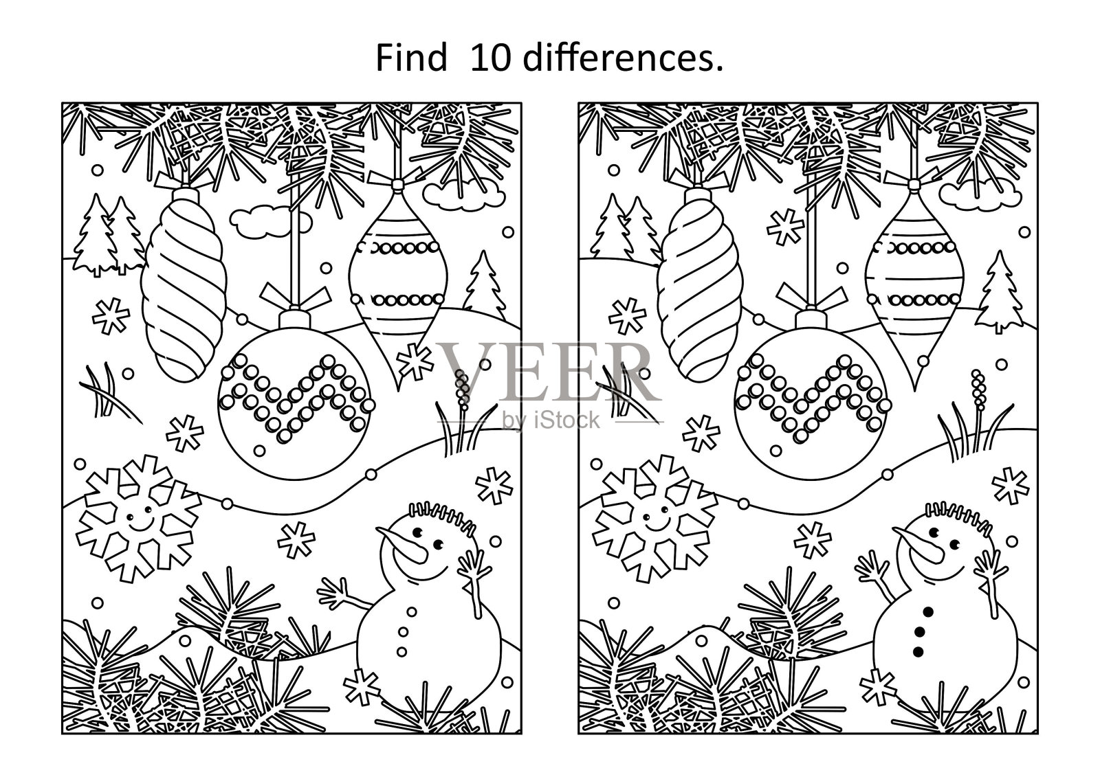 不同的游戏与三个美丽的圣诞装饰品和可爱的雪人插画图片素材