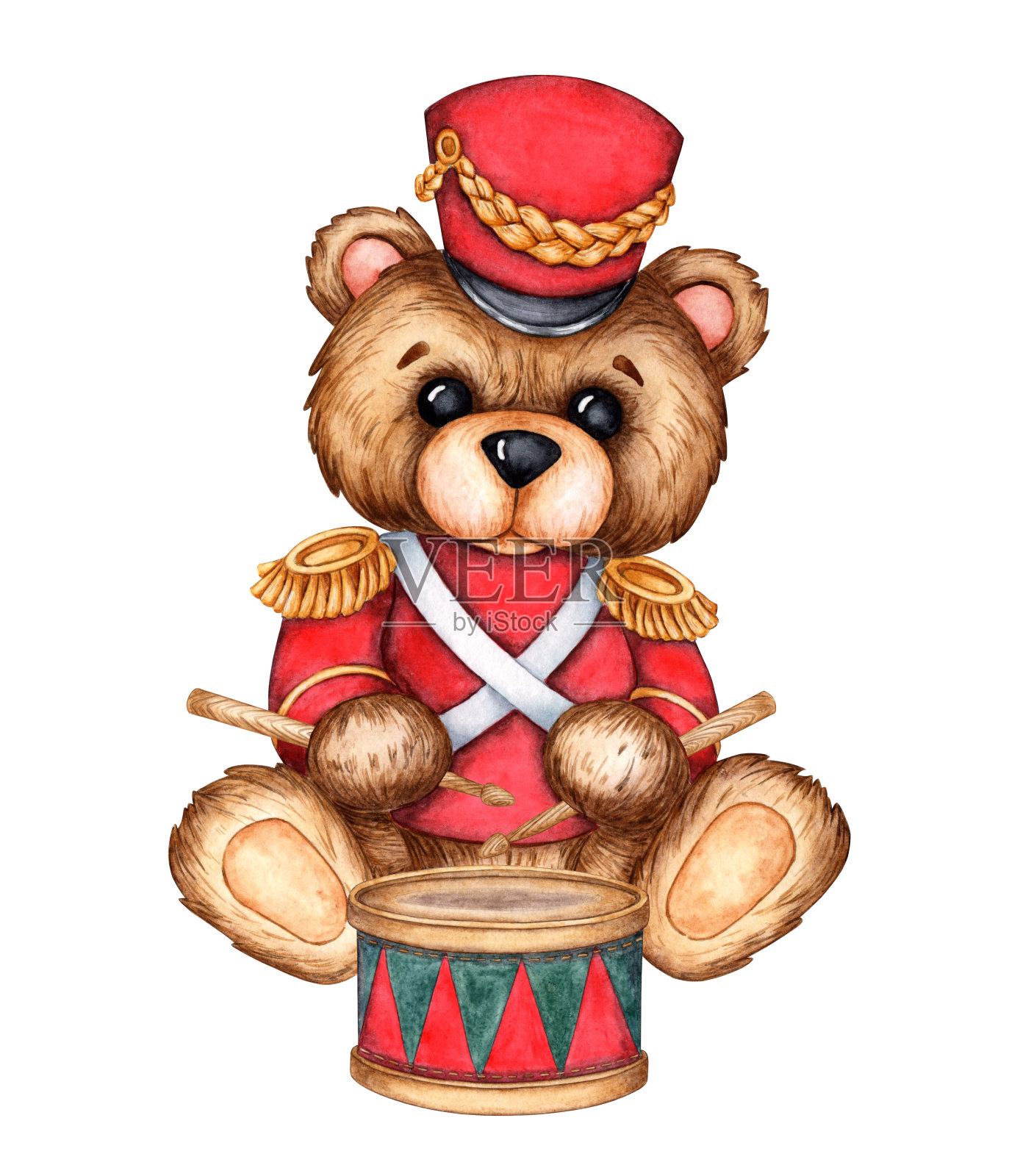 泰迪熊军用轻骑兵与鼓水彩插画图片素材