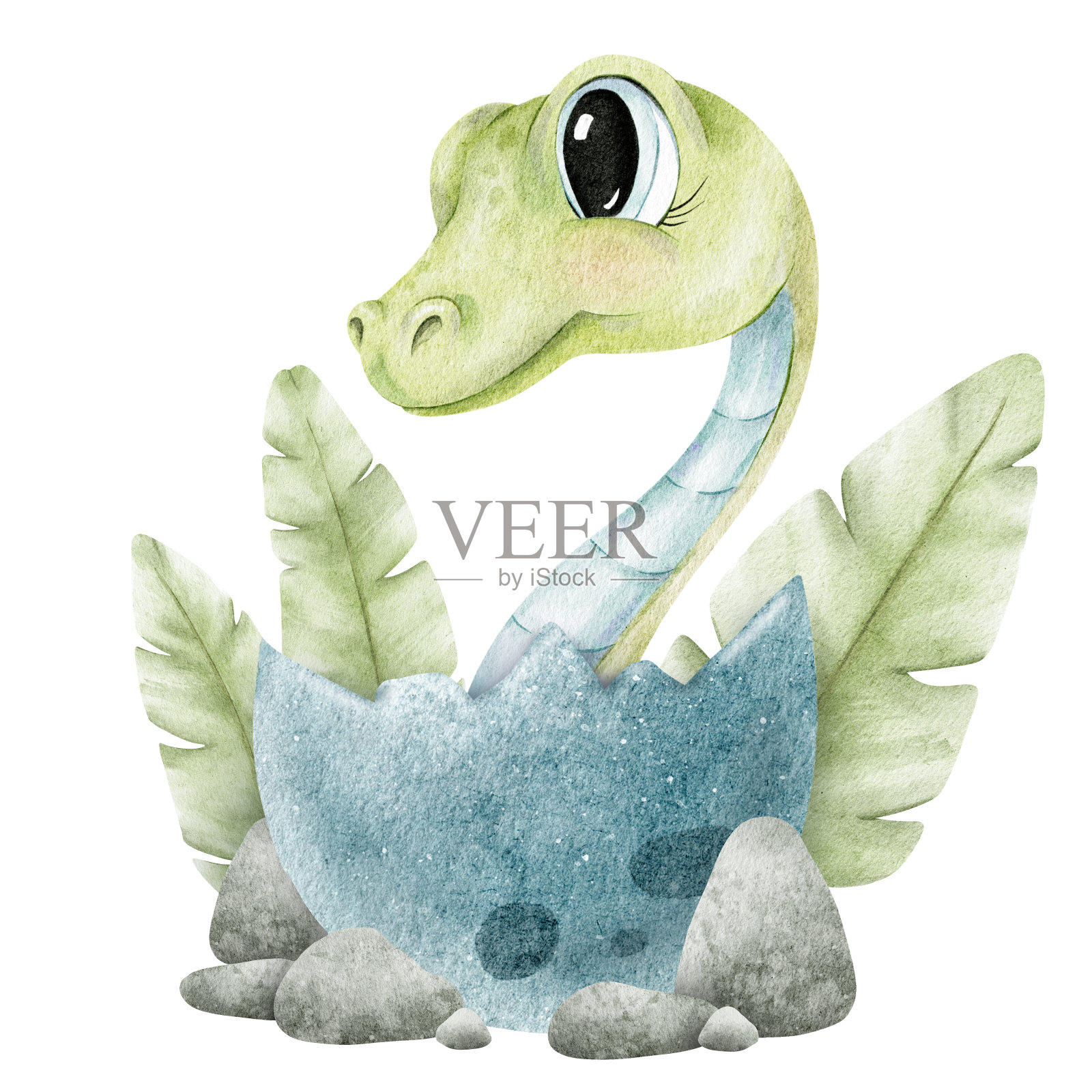 可爱的小蛇从巢里的蛋中孵化出来，叶子。孤立的手绘水彩婴儿插图。剪贴画儿童的商品，衣服，纺织品，明信片，海报，婴儿淋浴和儿童的房间插画图片素材