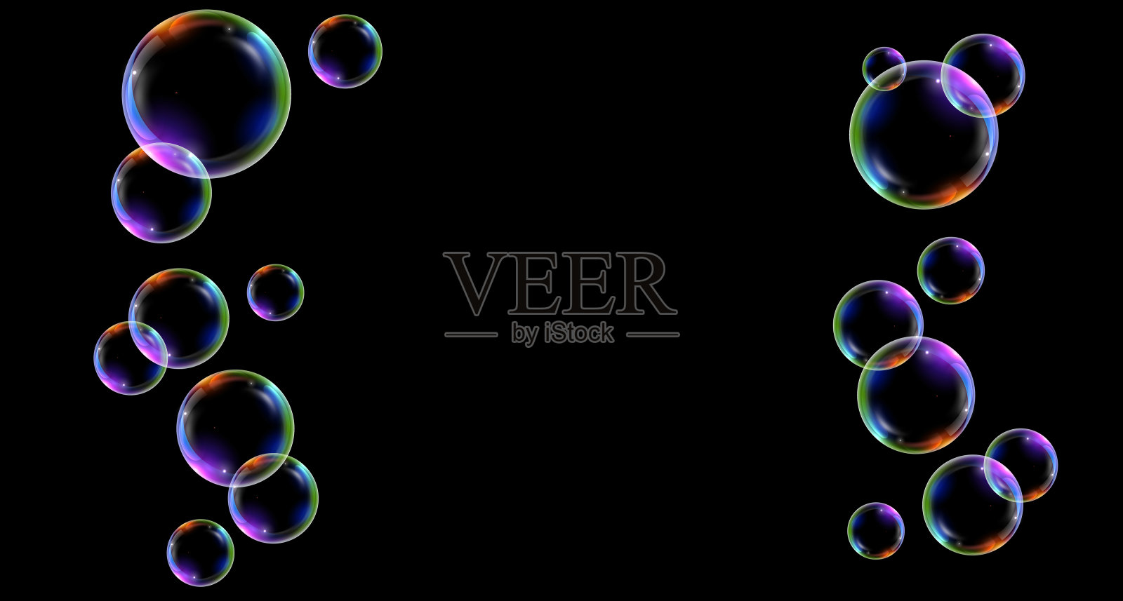 材料黑色背景和七种颜色的肥皂泡照片摄影图片