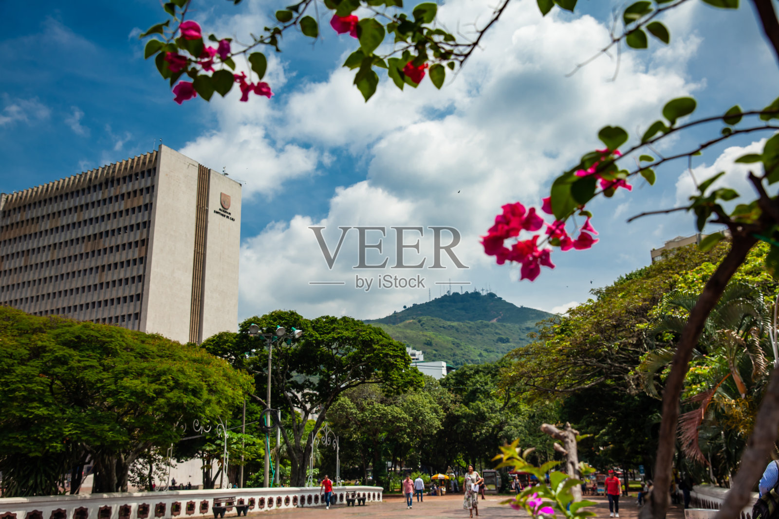 哥伦比亚,卡利——2024年6月17日:在一个美丽的阳光明媚的日子里,从历史悠久的奥尔蒂斯桥上俯瞰玻利瓦尔广场和卡利市长大楼照片摄影图片