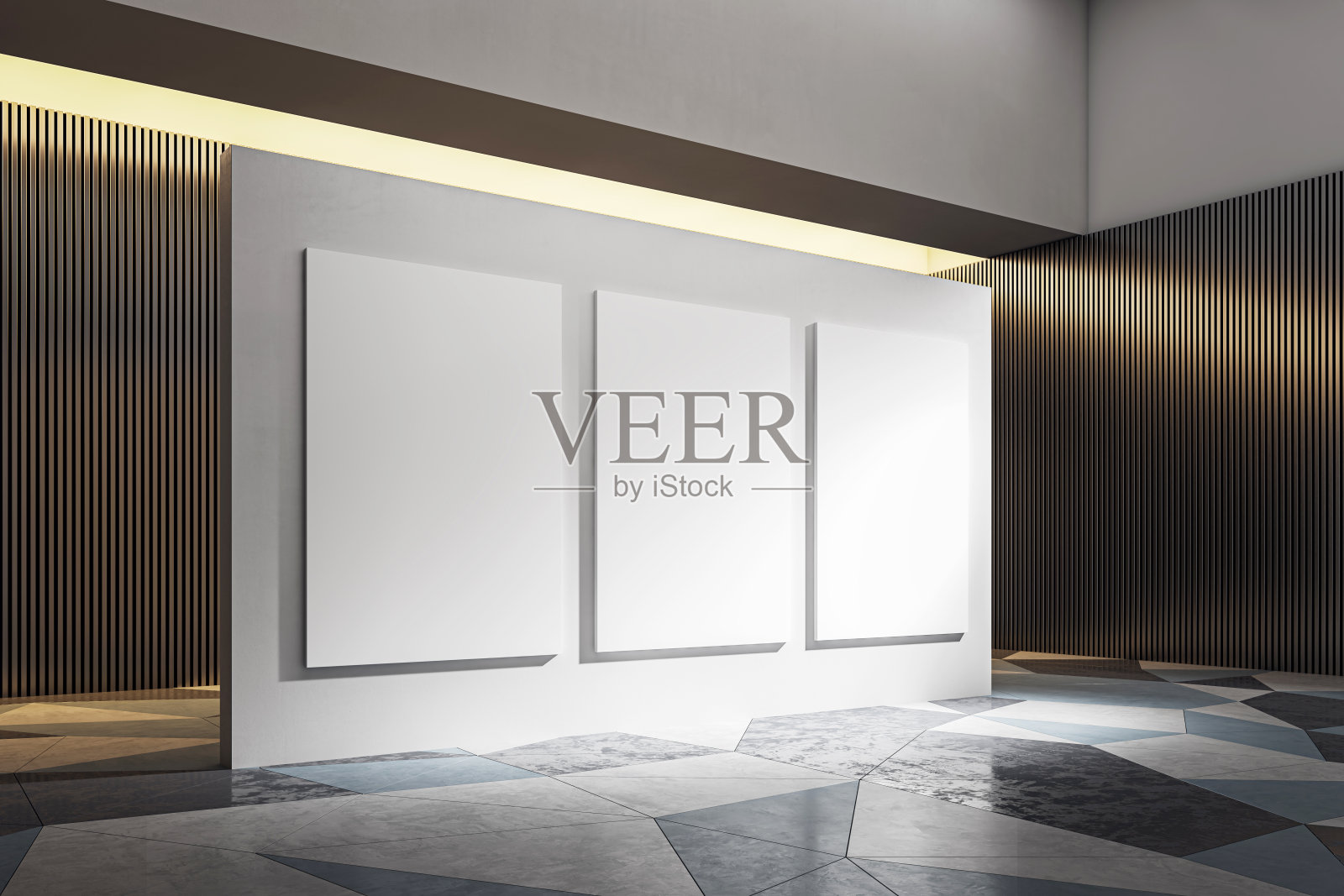 三张空白海报挂在画廊墙上，地板上有几何图案，背景是木制条纹，展示了现代室内设计理念。三维渲染照片摄影图片