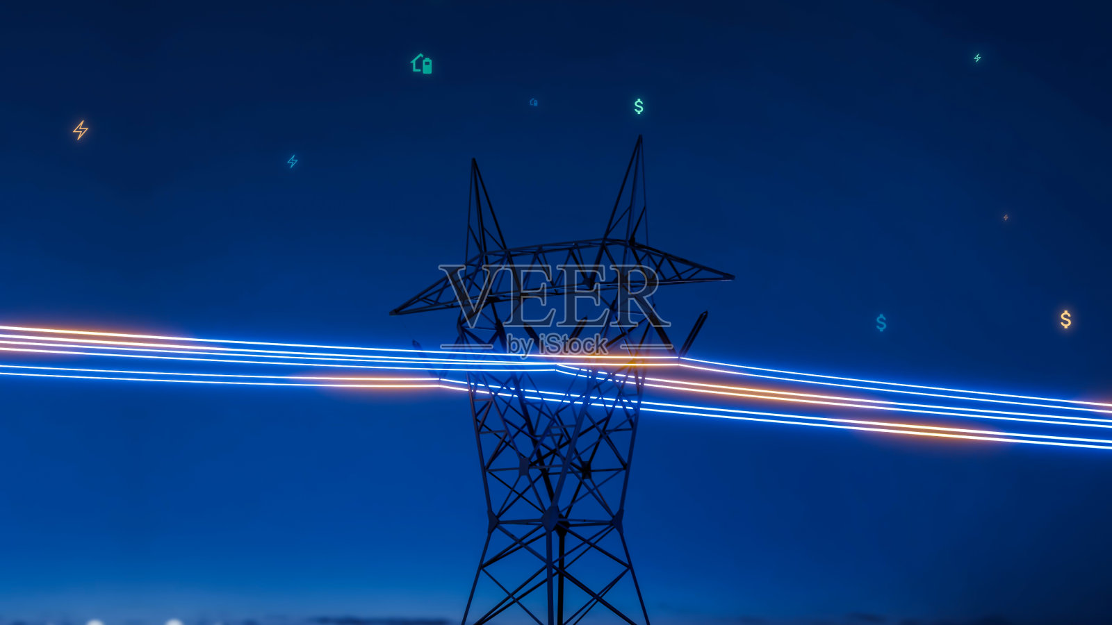 高压输电塔上有发光电流线，夜间电力通过电线输送到城市和家庭，可再生绿色能源电网基础设施概念3d渲染照片摄影图片
