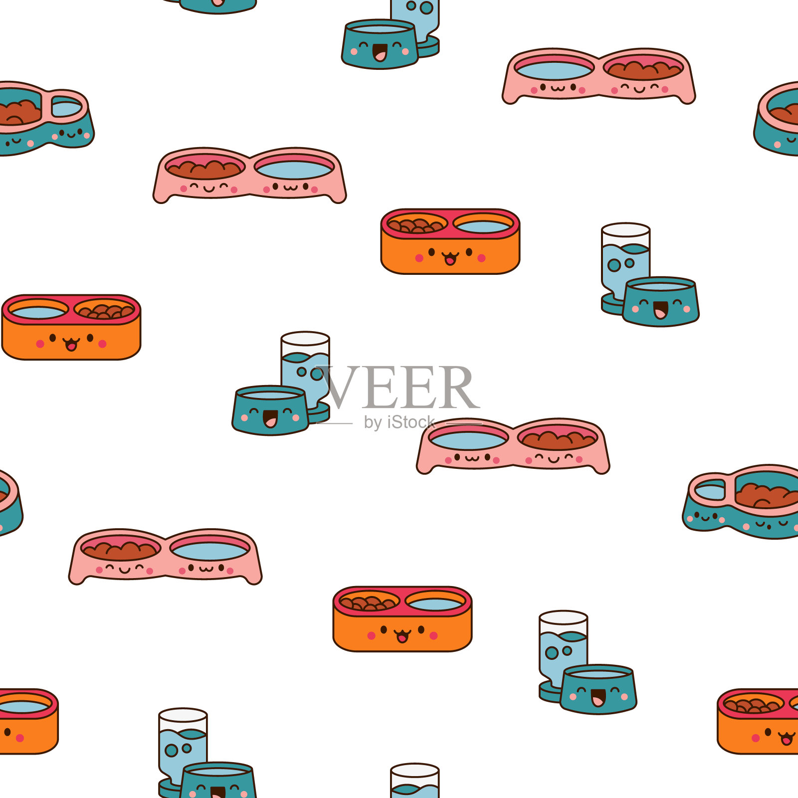 宠物碗带着快乐的脸。无缝模式。猫和狗的食物。卡哇伊卡通人物。手绘风格。矢量图。设计的饰品。插画图片素材