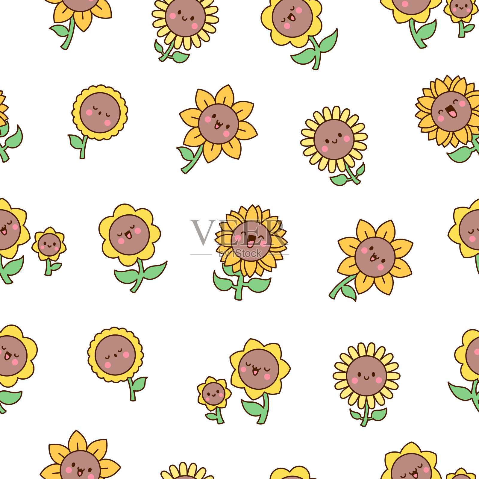 可爱的向日葵。无缝模式。卡通花朵人物带着快乐的微笑。手绘风格。矢量图。设计的饰品。插画图片素材