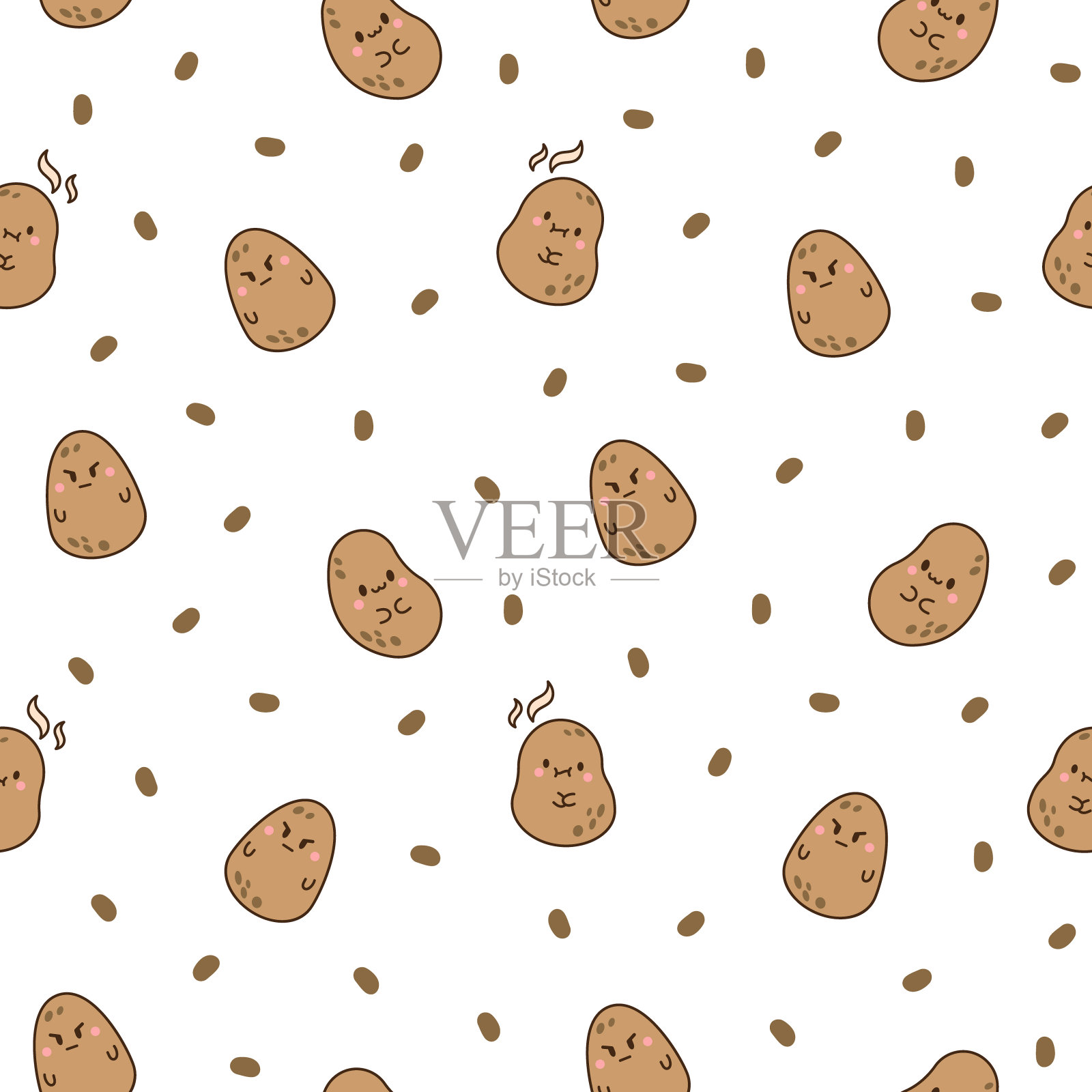 可爱的快乐土豆角色。无缝模式。卡通卡哇伊食物和滑稽的脸。手绘风格。矢量图。设计的饰品。插画图片素材