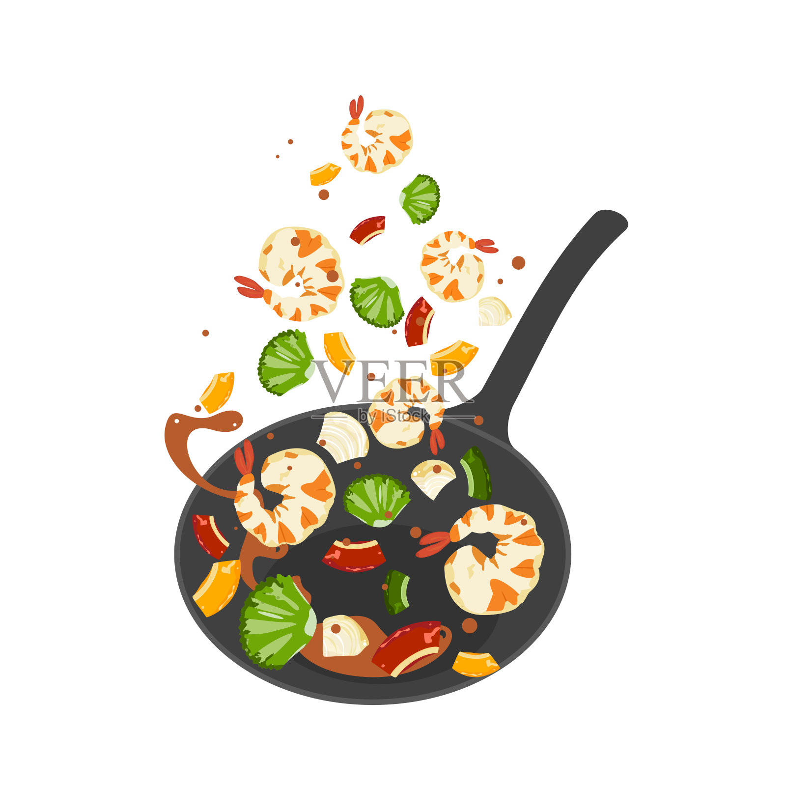 健康食品理念:蔬菜从锅里飞出来。烹饪过程矢量插图在平底锅中翻转亚洲食物。卡通风格。平的。插画图片素材