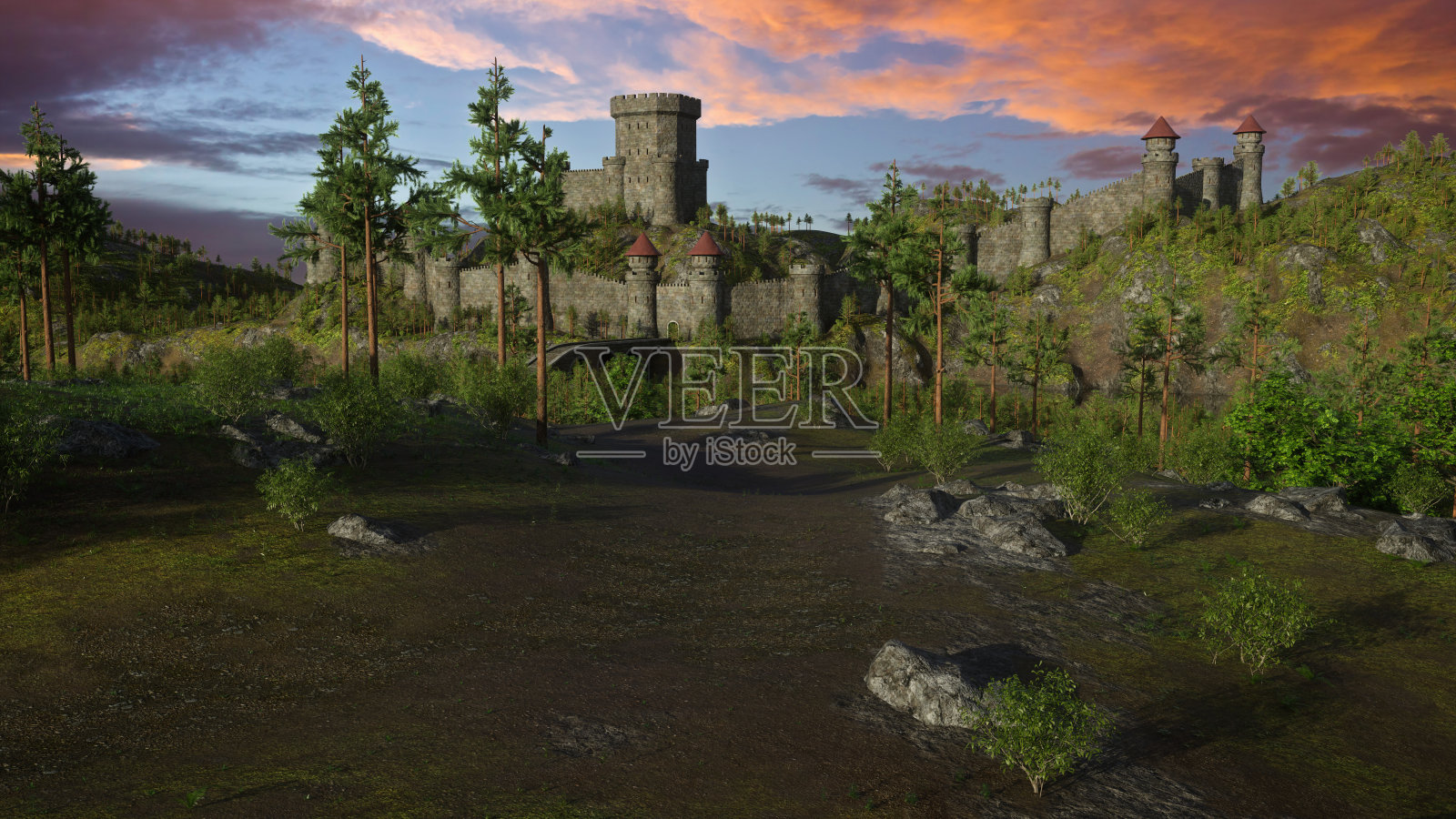 中世纪的风景，有一座通往高墙环绕的大城堡的桥。3D渲染插图。照片摄影图片