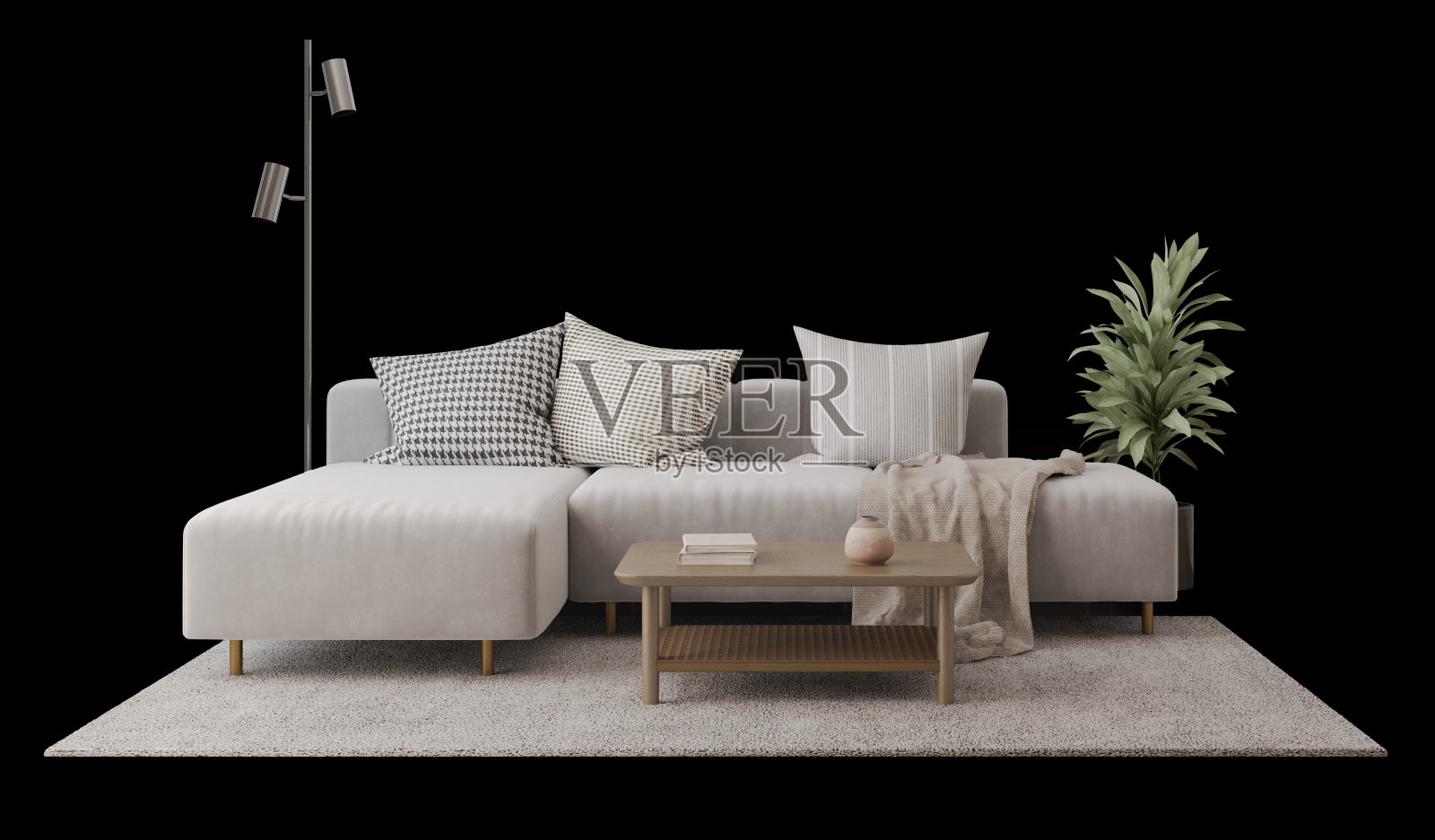 白色的现代沙发，桌子和地毯分开。三维渲染照片摄影图片