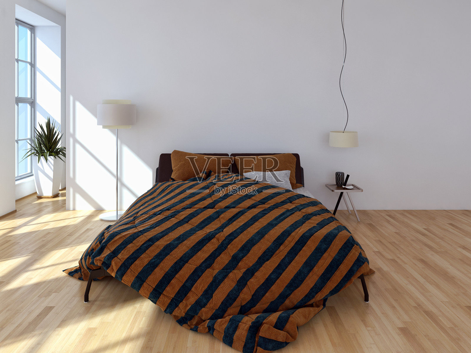 现代明亮的卧室室内3D渲染插图电脑生成的图像照片摄影图片