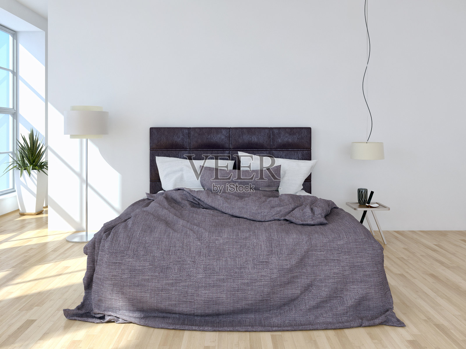 现代明亮的卧室室内3D渲染插图电脑生成的图像照片摄影图片