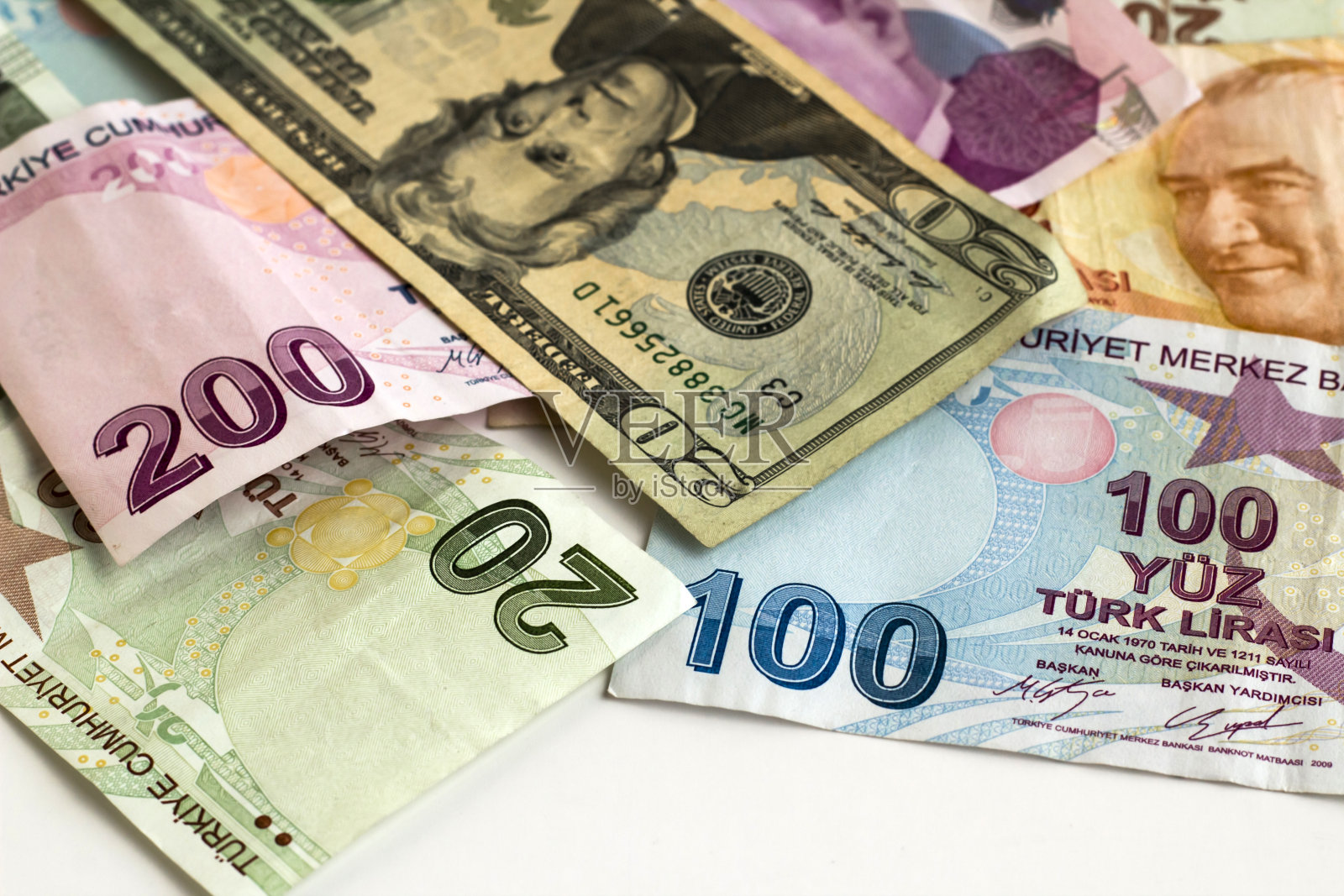 土耳其里拉，欧元和美元纸币照片摄影图片