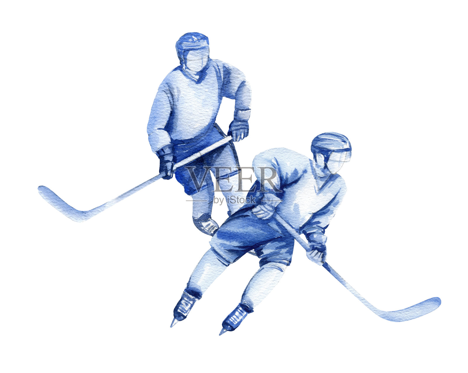 两名曲棍球运动员用棍棒运动，手绘水彩素描冰上运动的主题，插图在白色背景，为曲棍球装饰插画图片素材