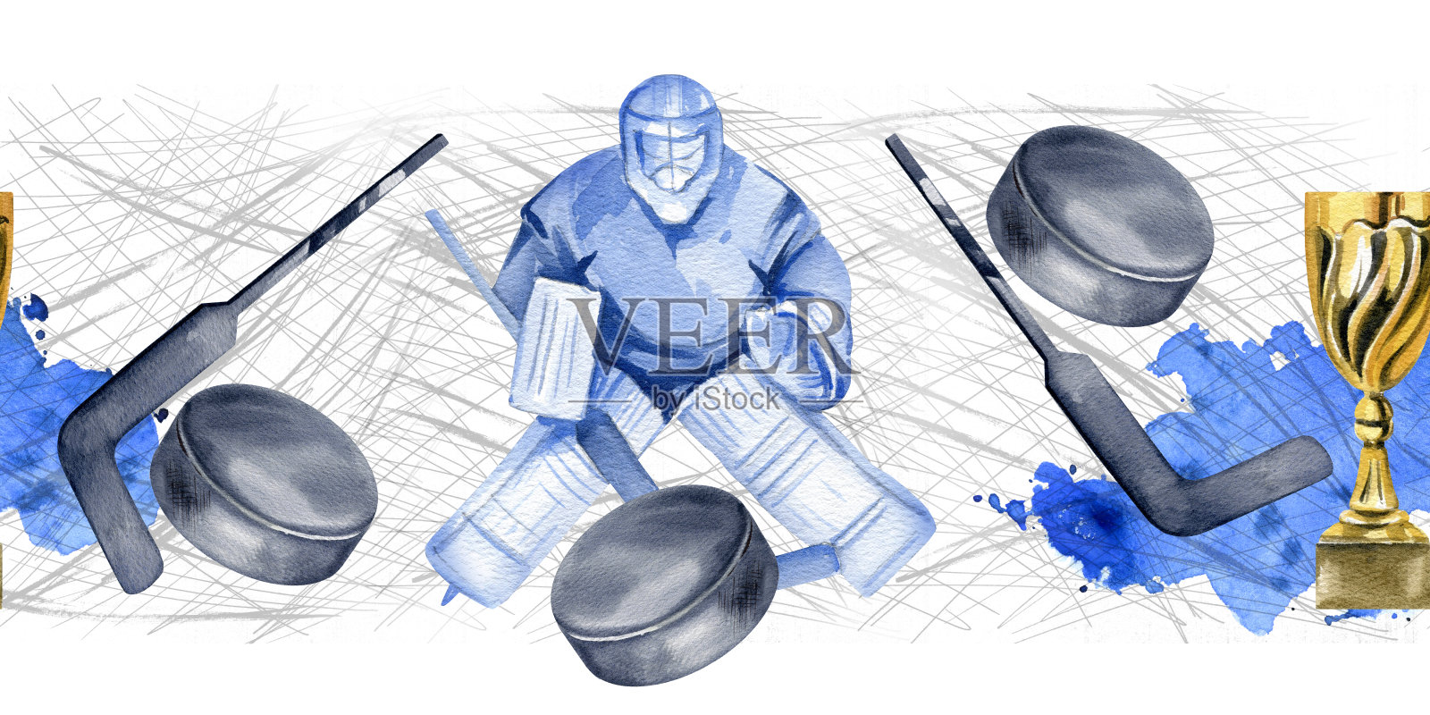 冰球守门员护球、球棒、冰球、金杯，水彩蓝点背景，无缝边框，手绘冰上运动主题水彩素描，冰球装备插画插画图片素材
