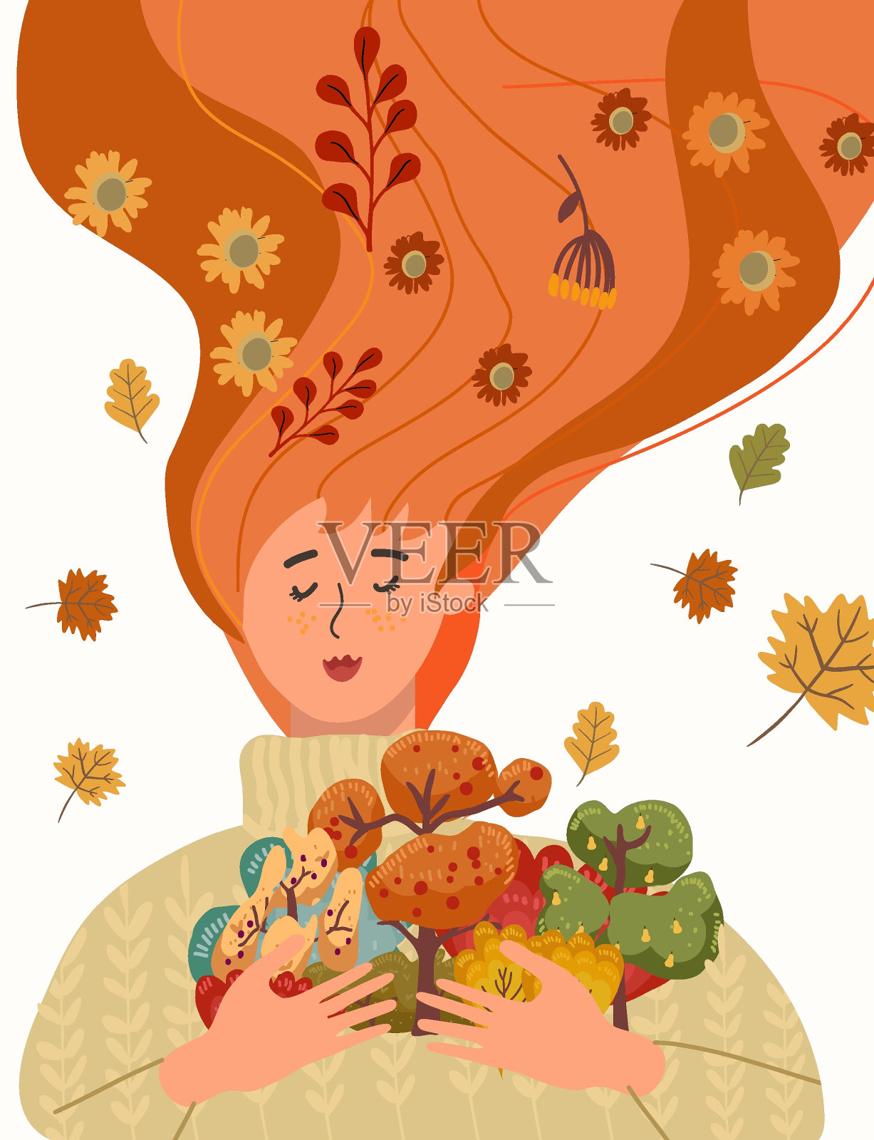 秋天插图以秋天的森林、木头、女人、女孩的性格。垂直的卡片。手绘图形和纹理。秋天的气氛，感恩节，矢量模板设计。插画图片素材