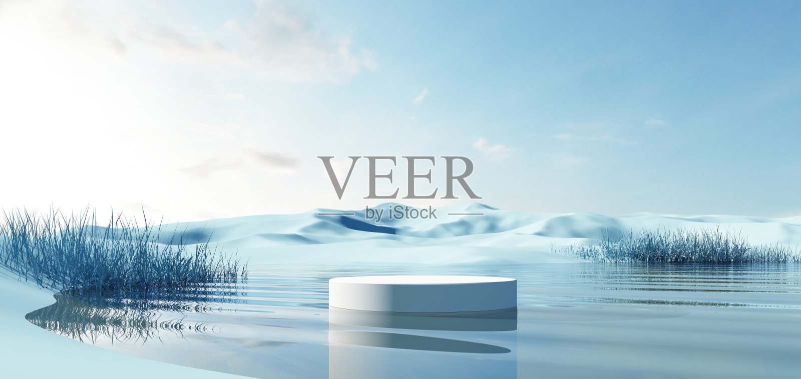 超现实的景观与镜子形状和物体的3d渲染照片摄影图片