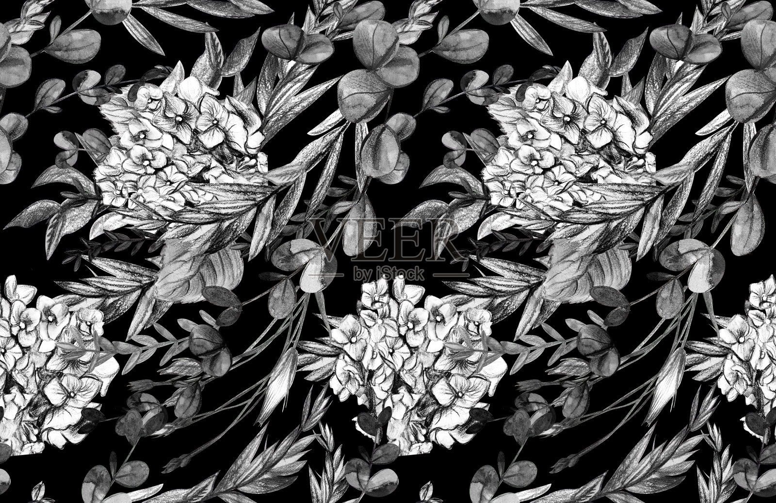 夏季图案与绣球花画在铅笔和水彩纺织品和设计插画图片素材