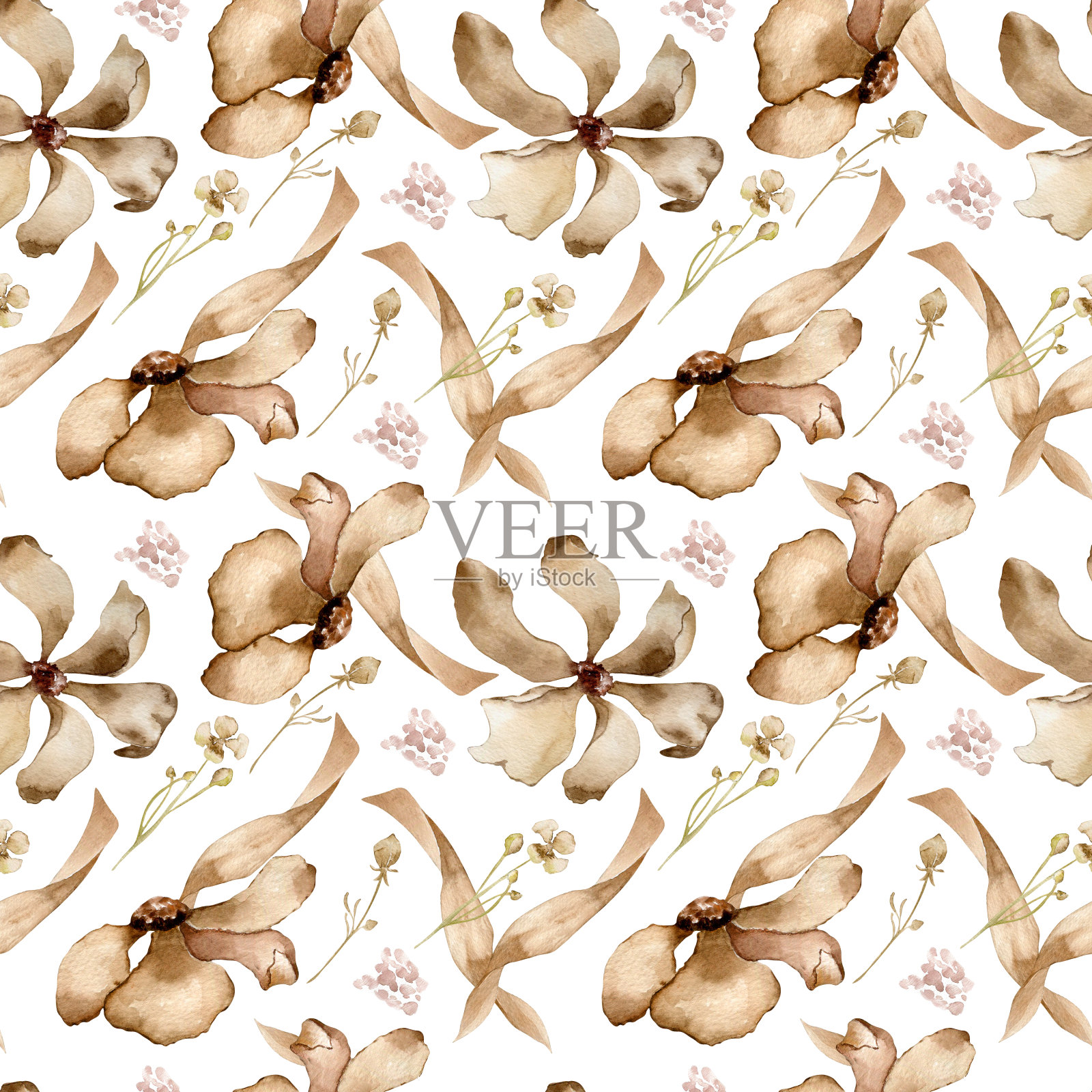 单色米色花与叶手绘水彩无缝图案。花深褐色调背景孤立在白色上。砂色调植物设计包装。面料的中性色调印花插画图片素材