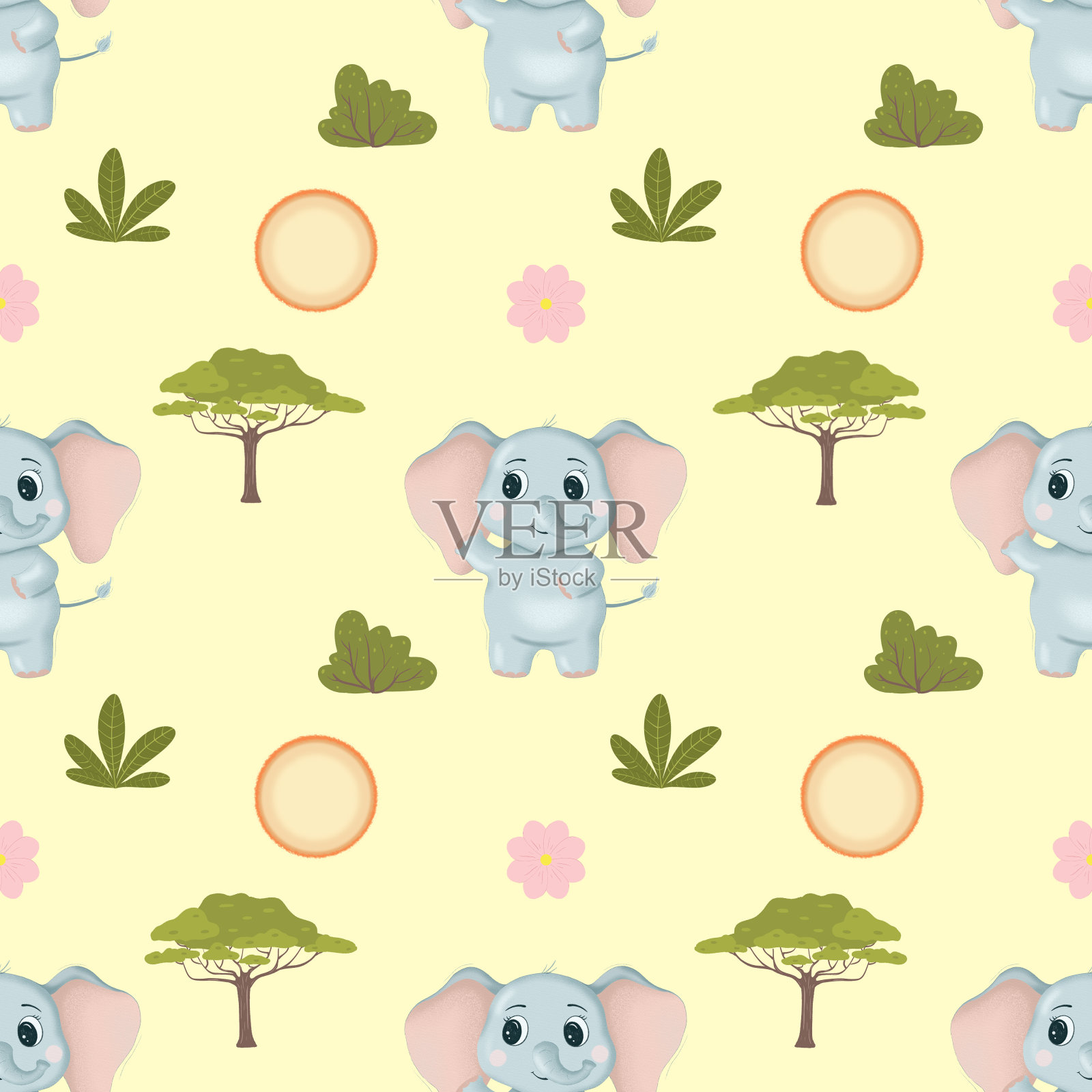 苗圃无缝图案数字插图与大象，植物和太阳的彩色背景。手绘。插画图片素材