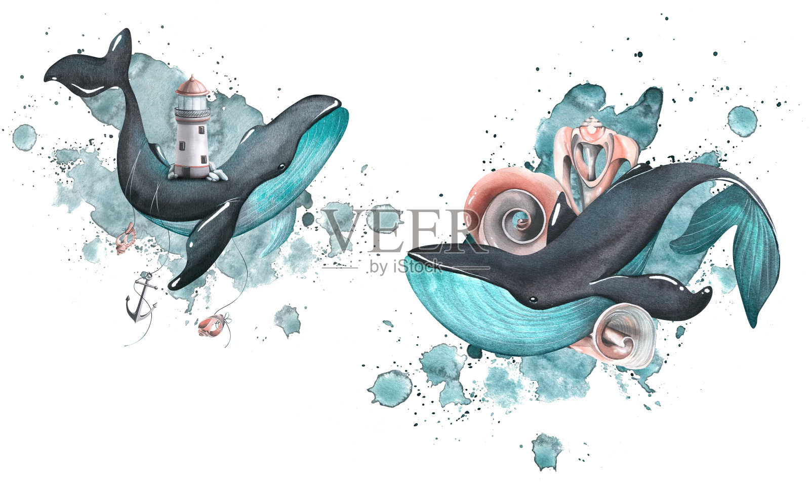 一只黑色和绿松石色的鲸鱼，背上有一座灯塔，水彩画的背景上有一个锚和贝壳。水彩插图。与背景隔离的一组元素插画图片素材