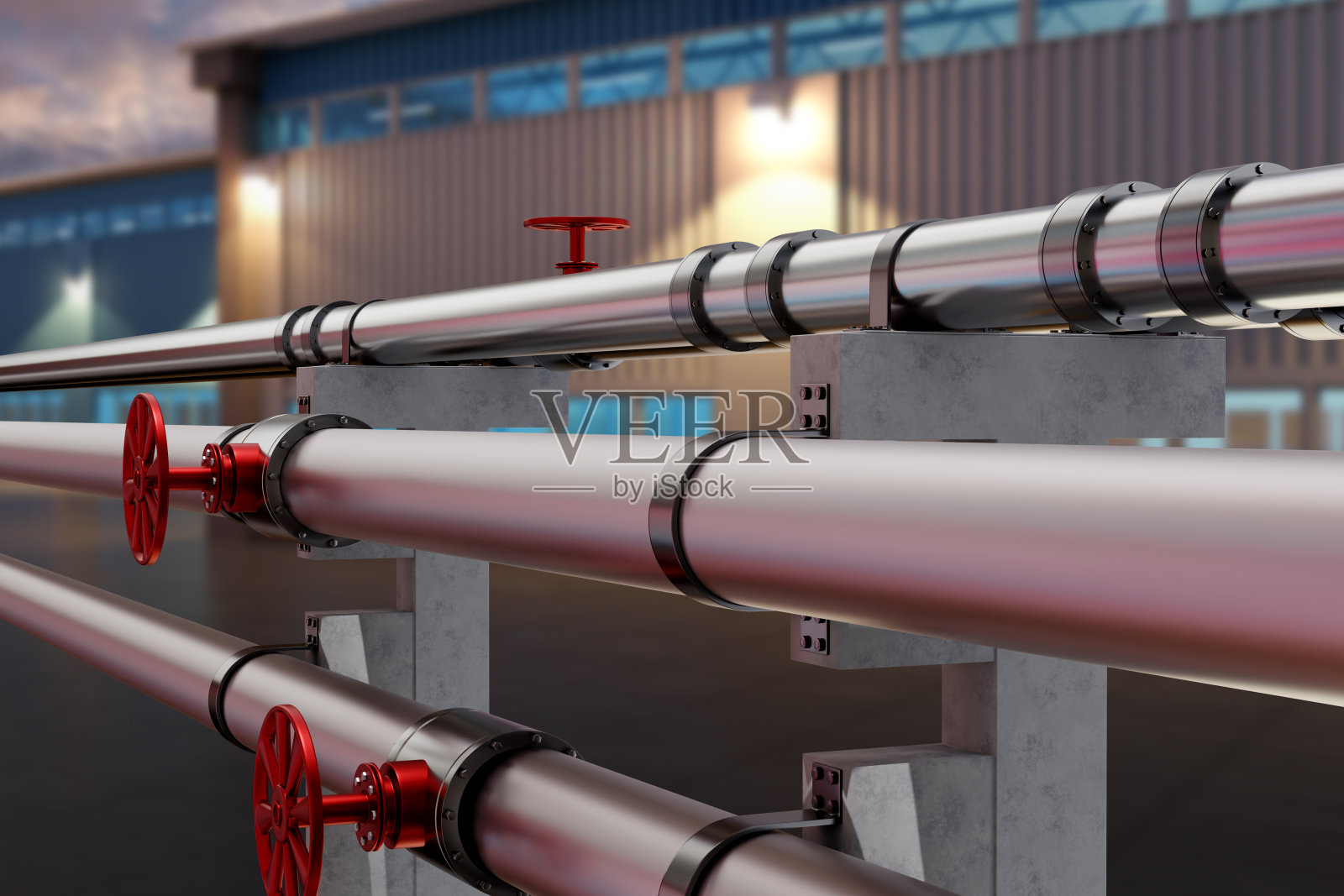 向工厂供气。建筑物旁边的燃料管道。工业领域管道。工业概念天然气供应。为企业供应天然气。艺术的焦点。3 d渲染。照片摄影图片
