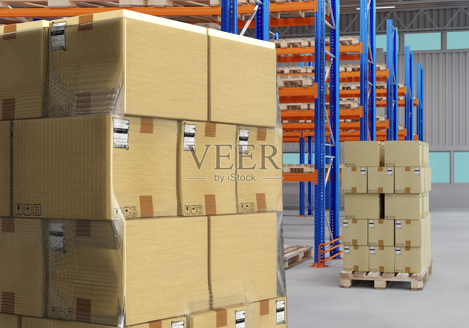 实现业务。有贴纸的纸板箱。包裹上的信息贴纸。装有纸板包裹的托盘。没有人的配送中心。履行公司可视化。3 d图像。照片摄影图片