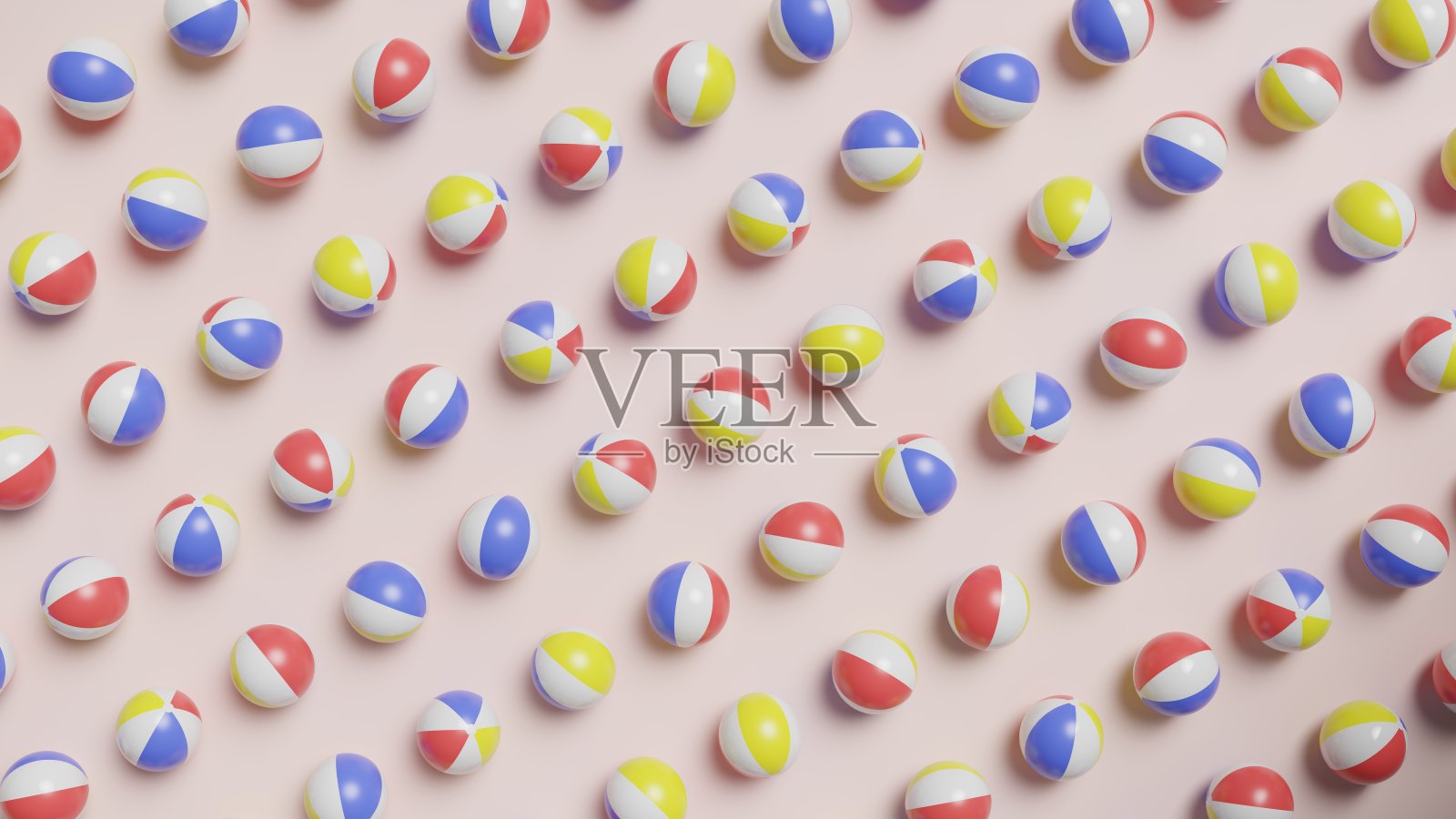 一个俯视图渲染的3D沙滩球排列在一个对角线模式。充满活力的球在整个构图中创造了活泼和动态的视觉效果，为场景增添了俏皮的节奏和夏日的氛围。照片摄影图片