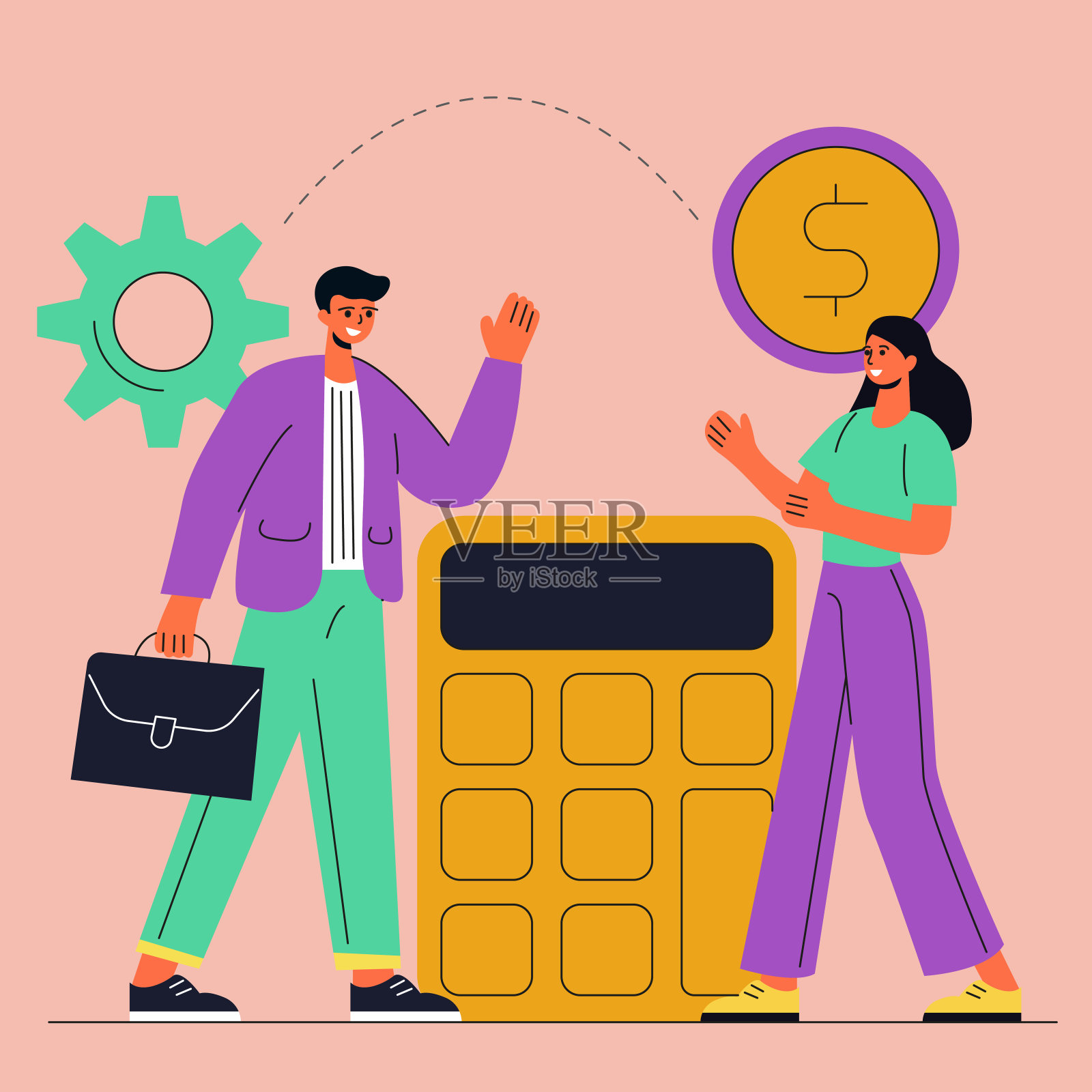 商人和商人与巨大的计算器和书籍矢量插图-金融，投资，和预算概念插画图片素材