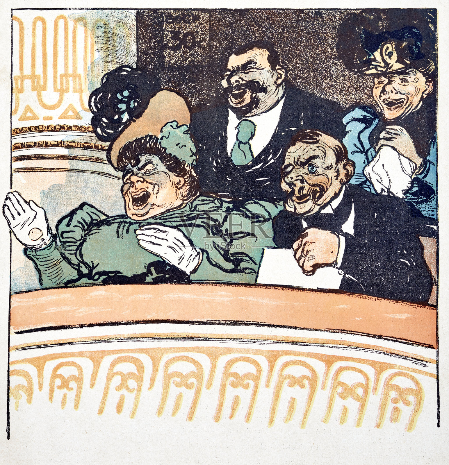 两对老夫妇在剧院的阳台上大笑插画图片素材