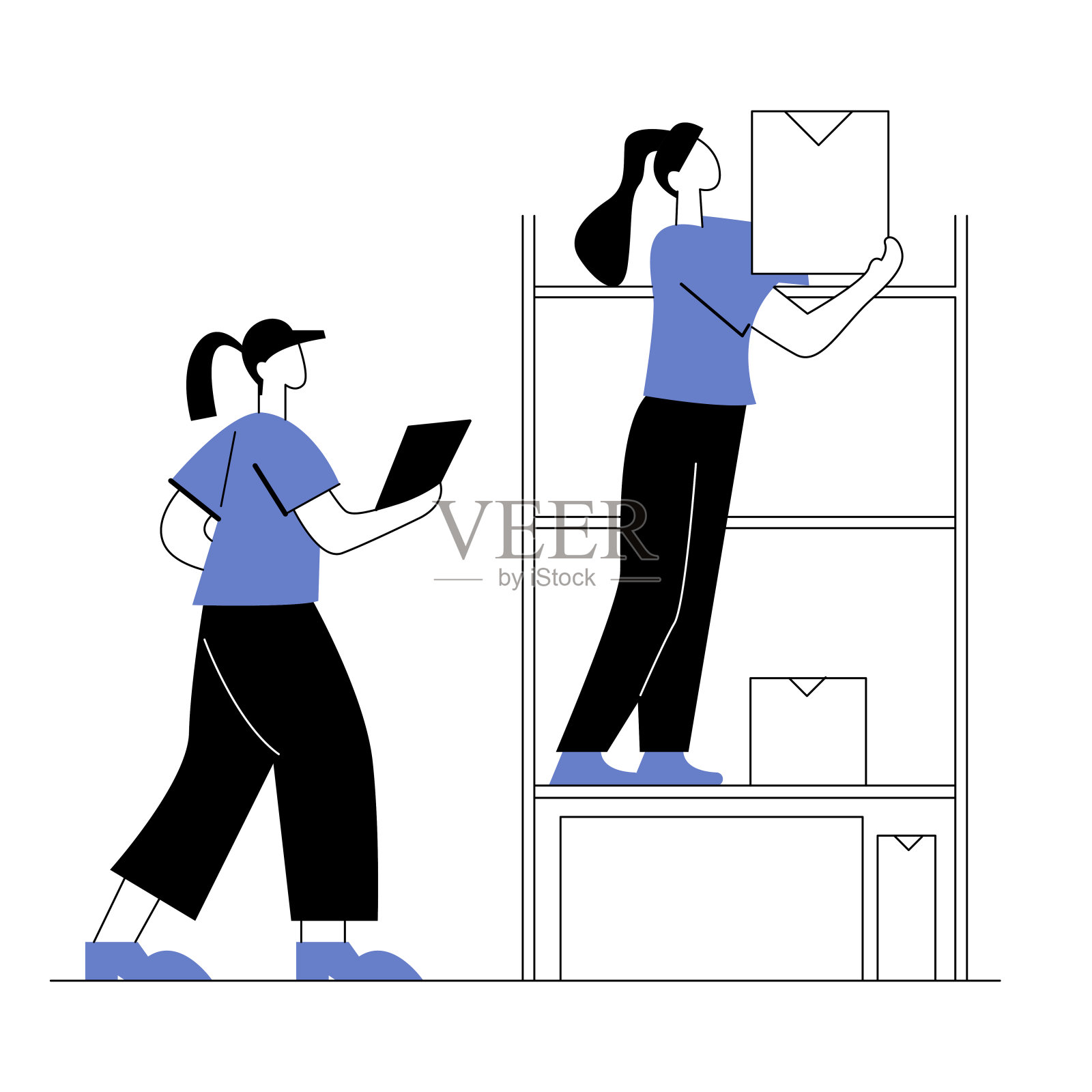 仓库同事组织库存-团队合作在库存管理与货架和盒子矢量插图插画图片素材