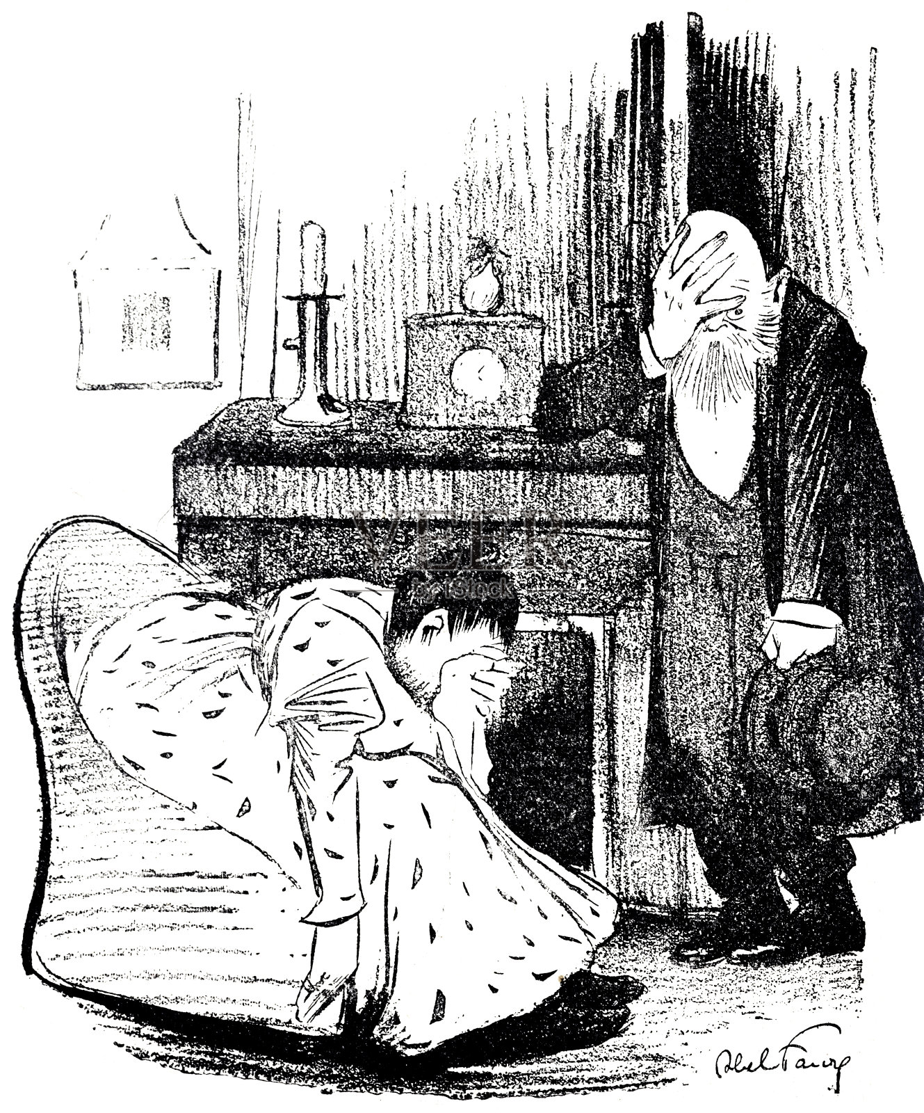 一对夫妇在客厅里坐着站着，站着，嚎叫着鼻涕和水插画图片素材