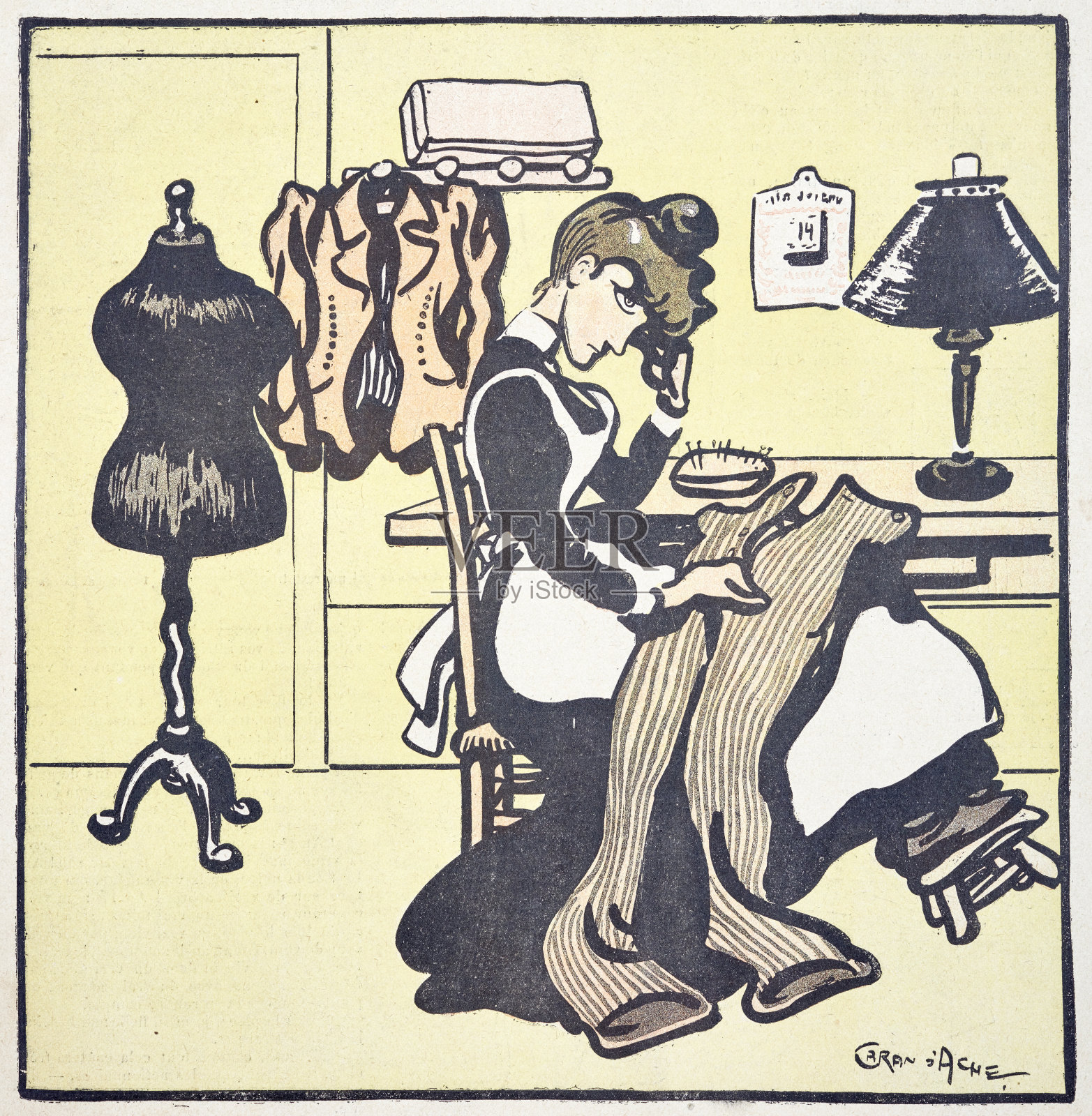 年轻的女裁缝在给一个男人缝补裤子时想起了主人插画图片素材