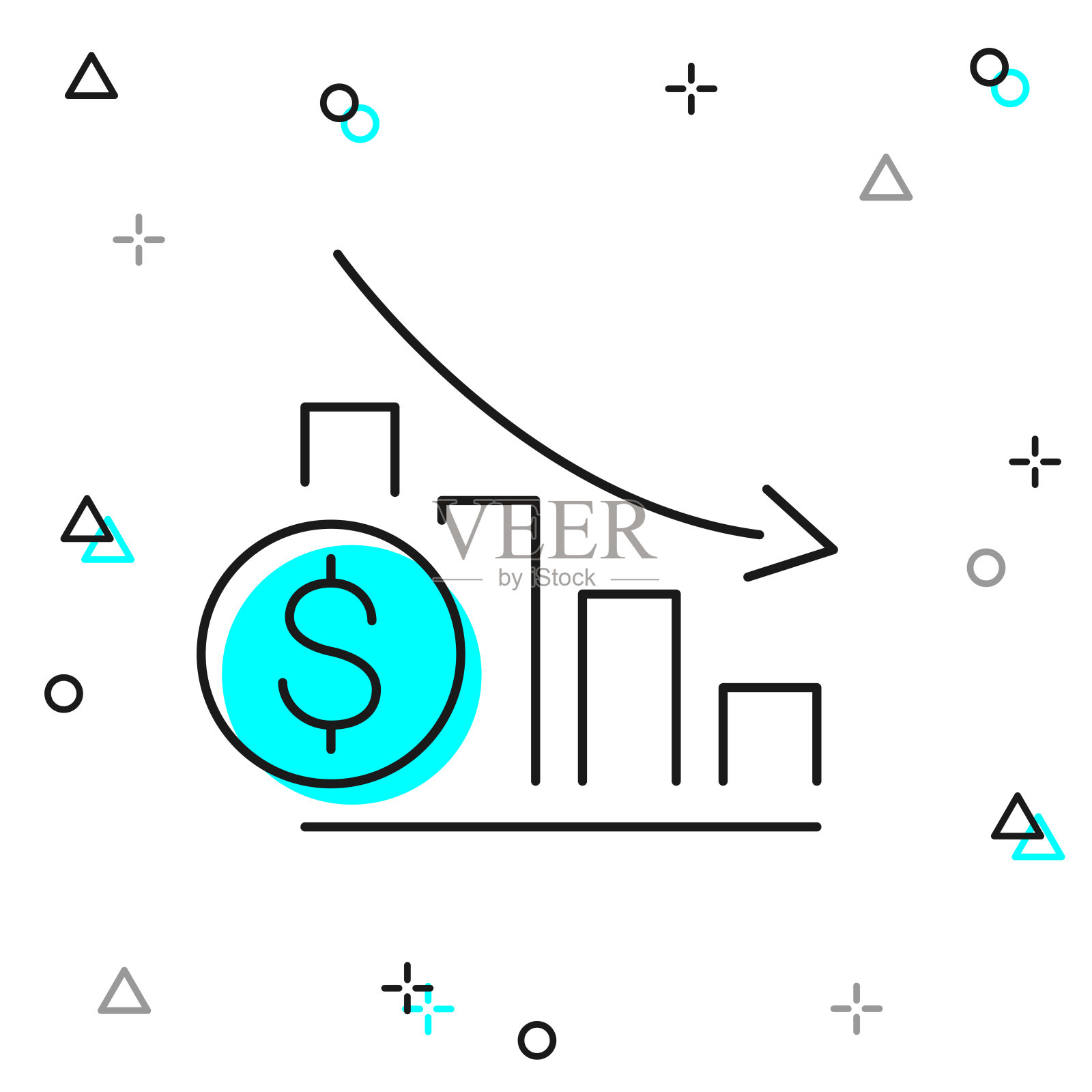 美元汇率下降图表。白色背景上的线图标插画图片素材